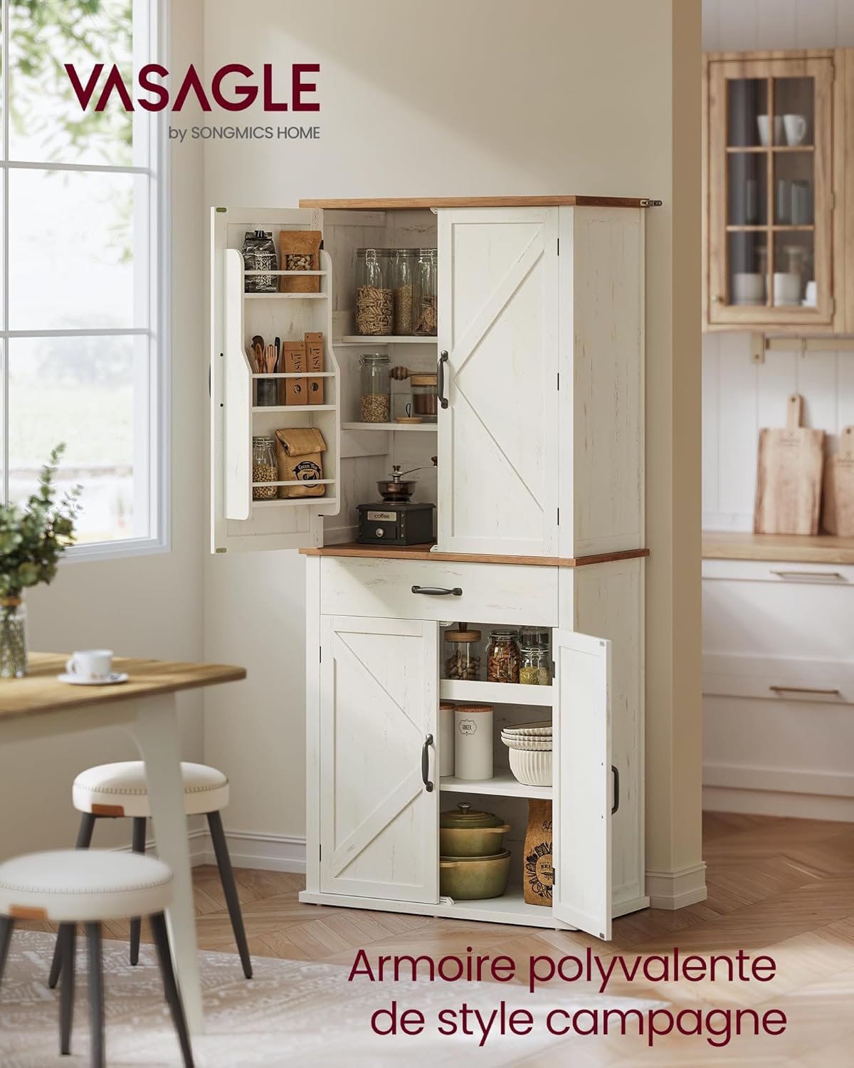 VASAGLE - Buffet haut, série rustique, 178,6 cm, tiroir, étagères réglables, BBK364W02