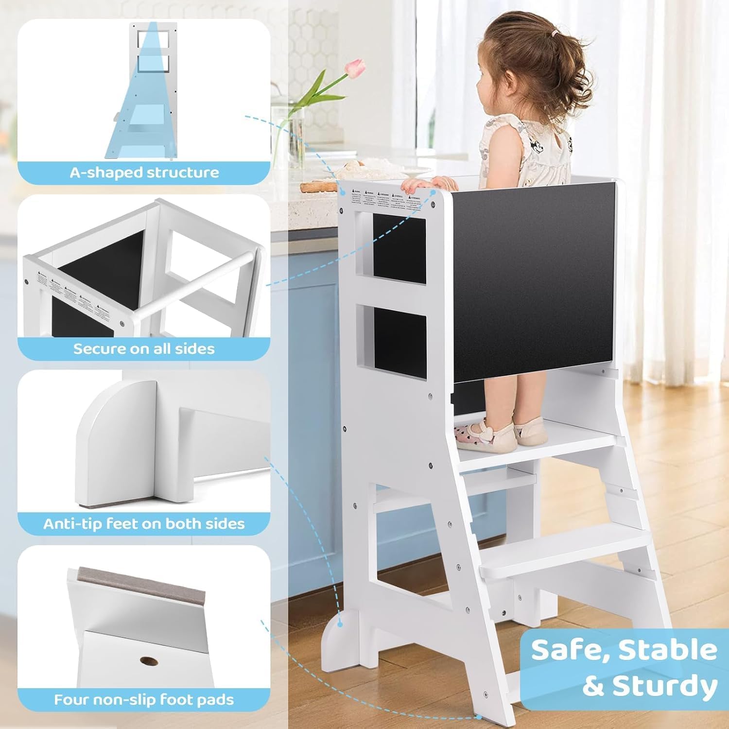 KIDINIX - tour Montessori 3 hauteurs - blanc - tableau magnétique et craies - KIDINIX
