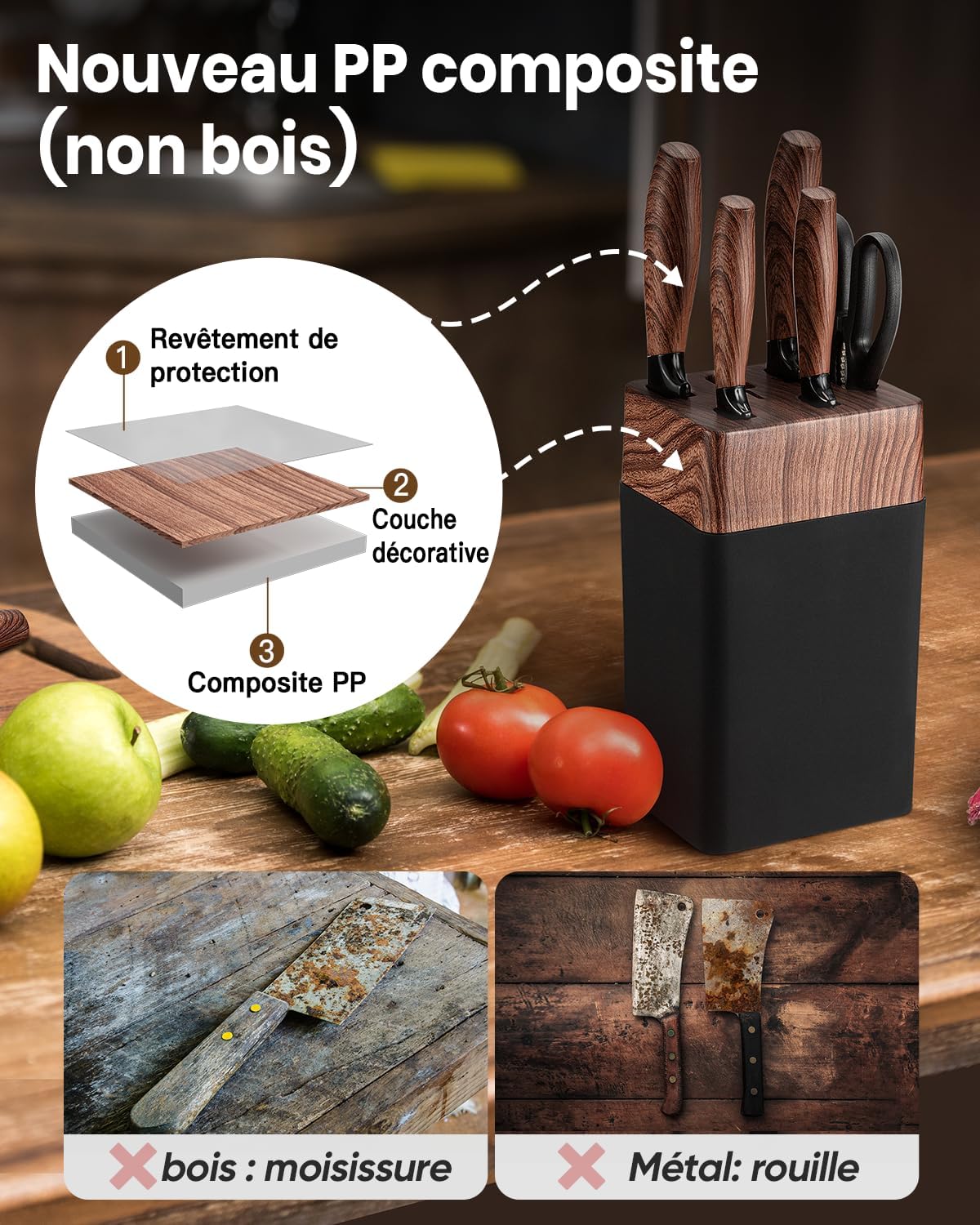 Couteaux de cuisine - set 7 pièces, acier inox, manches ergonomiques, bloc inclus