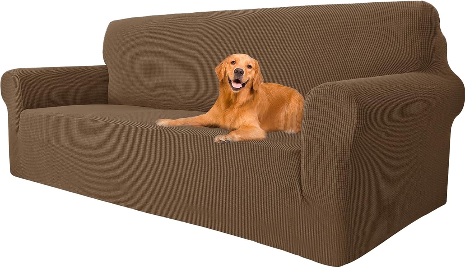 Housse de canapé 3 places - extensible, accoudoirs, antidérapante, lavable - marron