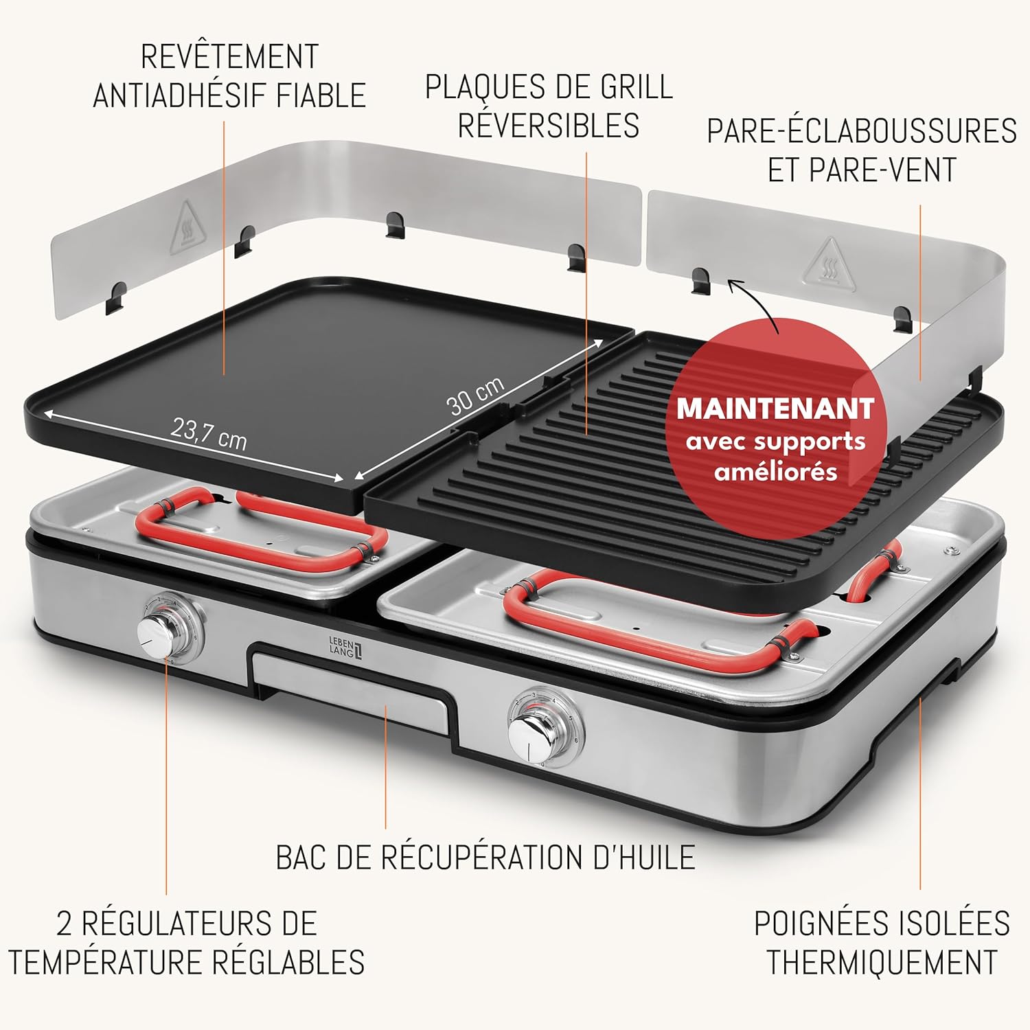 LEBENLANG - Plancha électrique inox XXL - 2400W, usage intérieur/extérieur, protection éclaboussures, pince incluse - LE