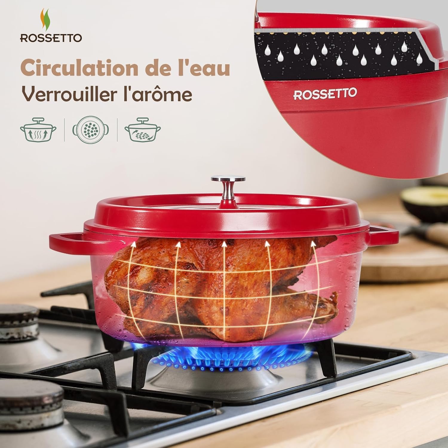 ROSSETTO - Cocotte Ovale série 10,6L - 38CM - fonte d'aluminium, céramique, induction et four, Rouge