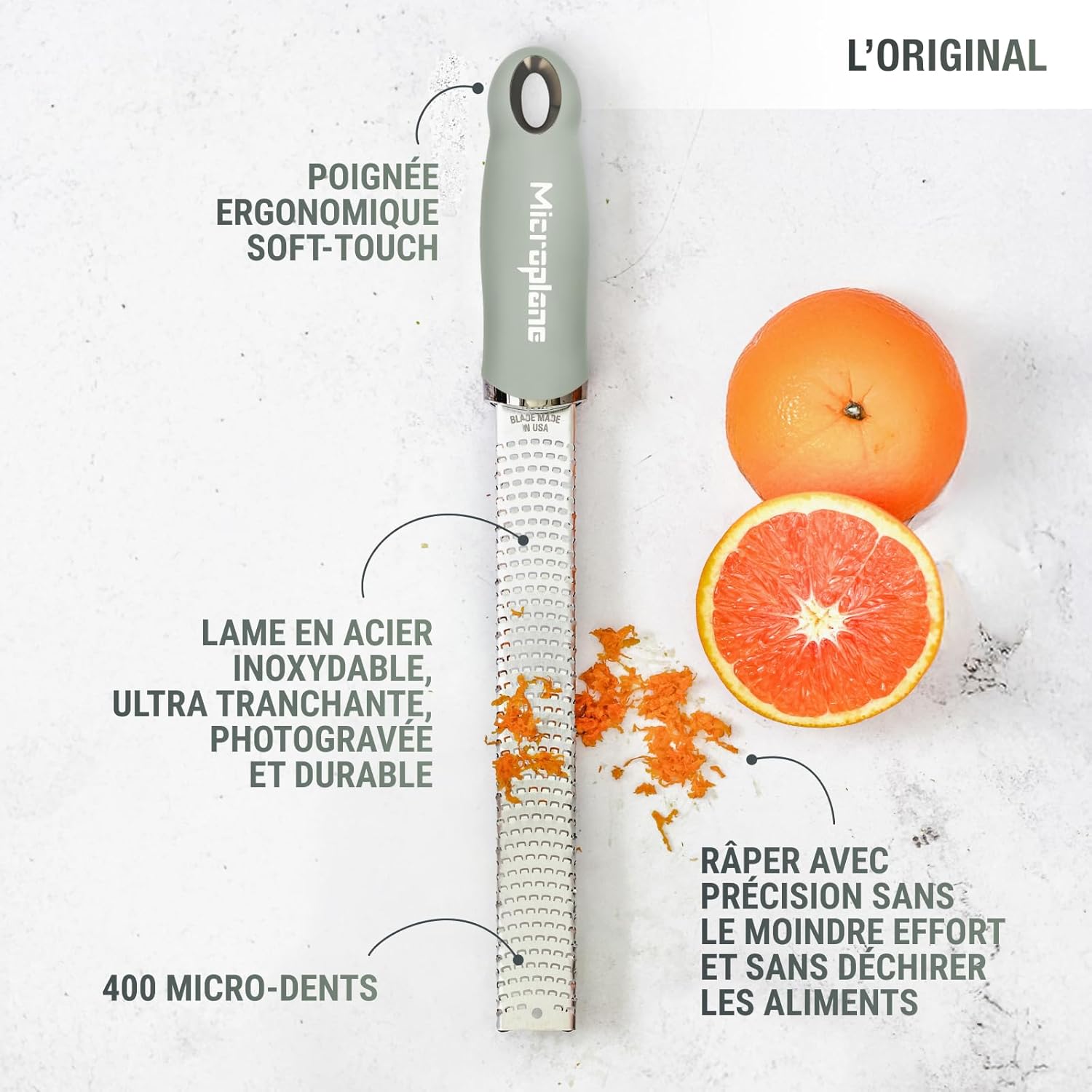 Microplane - râpe à zesteur vert sauge - lame fine - agrumes, parmesan, gingembre, chocolat, noix de muscade