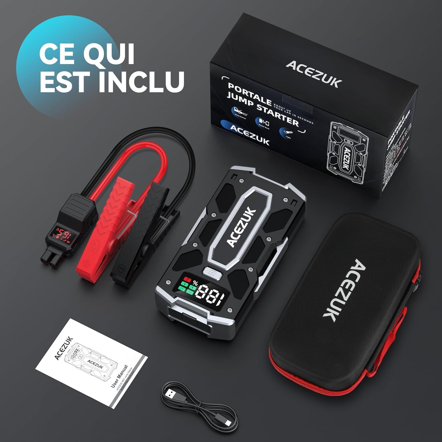 Booster batterie voiture portable, 8000A, 12V, LED, QC3.0, jusqu'à 10L, 8.0LDiesel