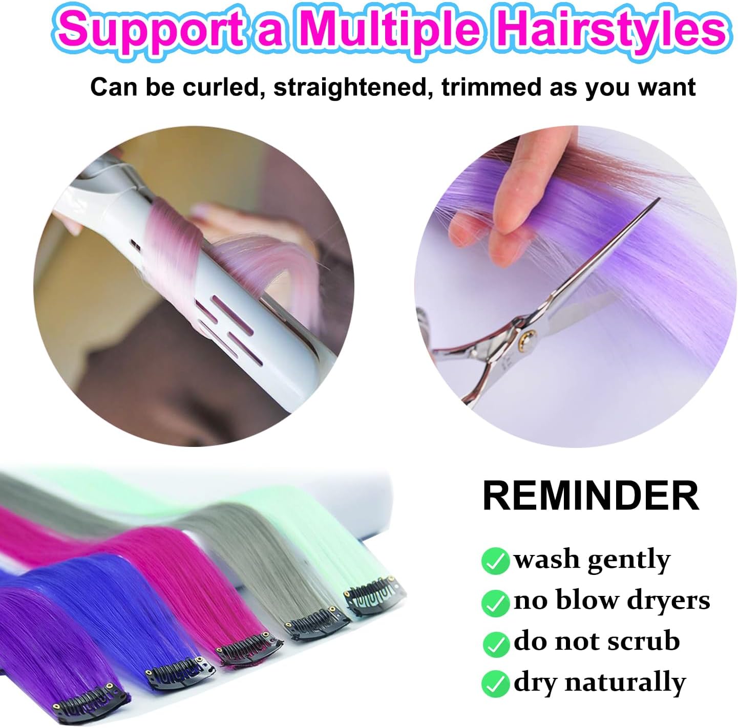 Extensions cheveux - 22 pièces, clips, mèches colorées, 50cm, festival