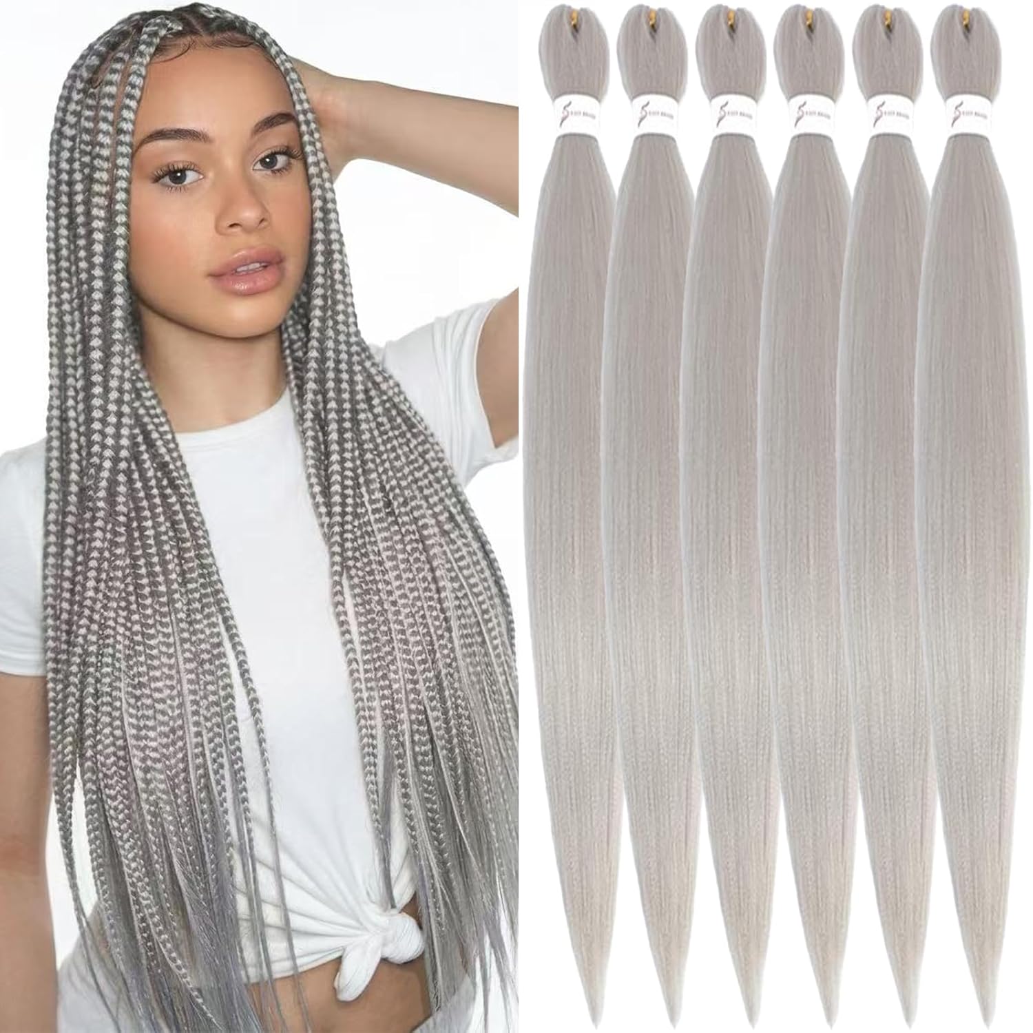 Rajout cheveux tressés pré-étirés - 30 pouces - kanekalon gris argent, 6 paquets, extensions synthétiques