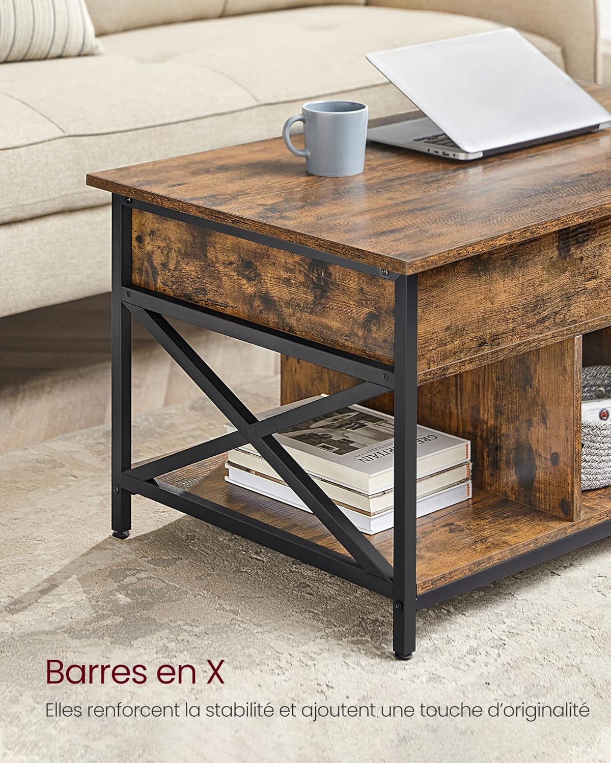 VASAGLE - Table basse à plateau relevable, 60x100x(48-62)cm, rangement multifonction, LCT205B01