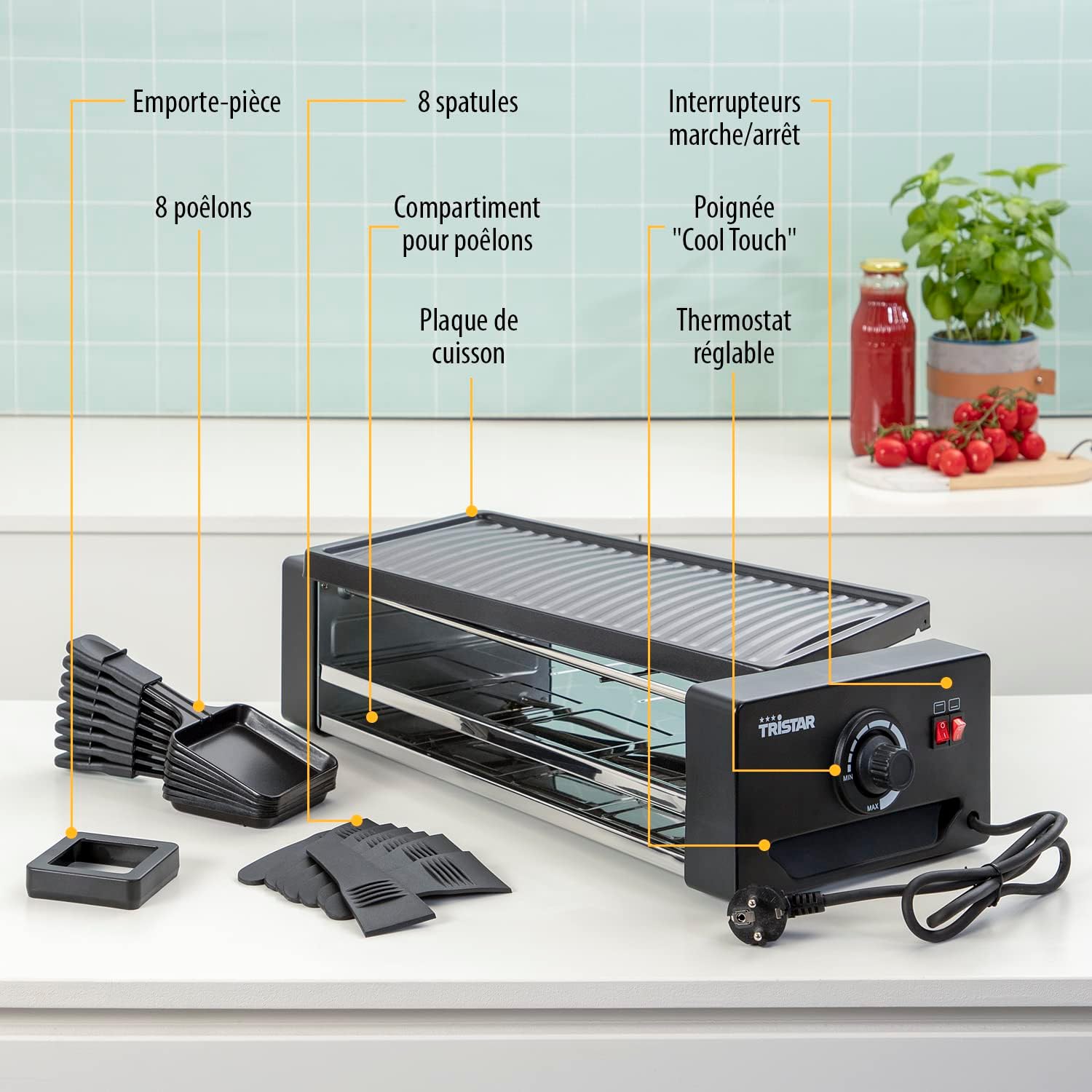 Tristar - appareil à raclette 8 personnes - multifonction - thermostat réglable - nettoyage facile - 1300 W - RA-2736