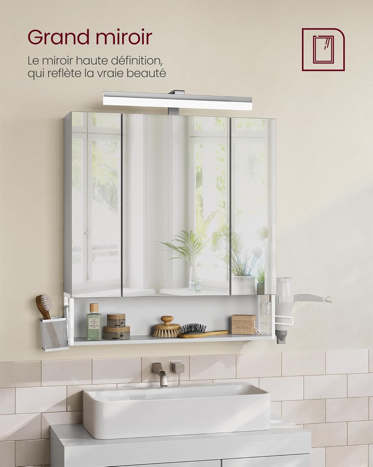 VASAGLE - meuble salle de bain LED, 16.5x70x75 cm, multiprise, BBK126W01