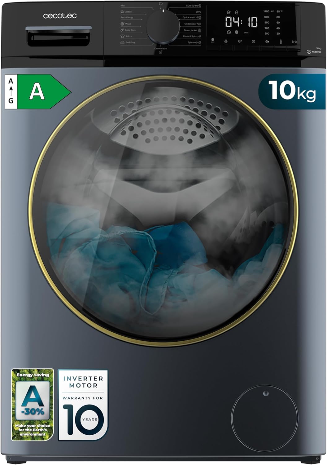 Cecotec - Bolero DressCode 10610 - 10 kg - Inverter, Vapeur, 1400 RPM, 15 programmes, Ice Blue, 10610