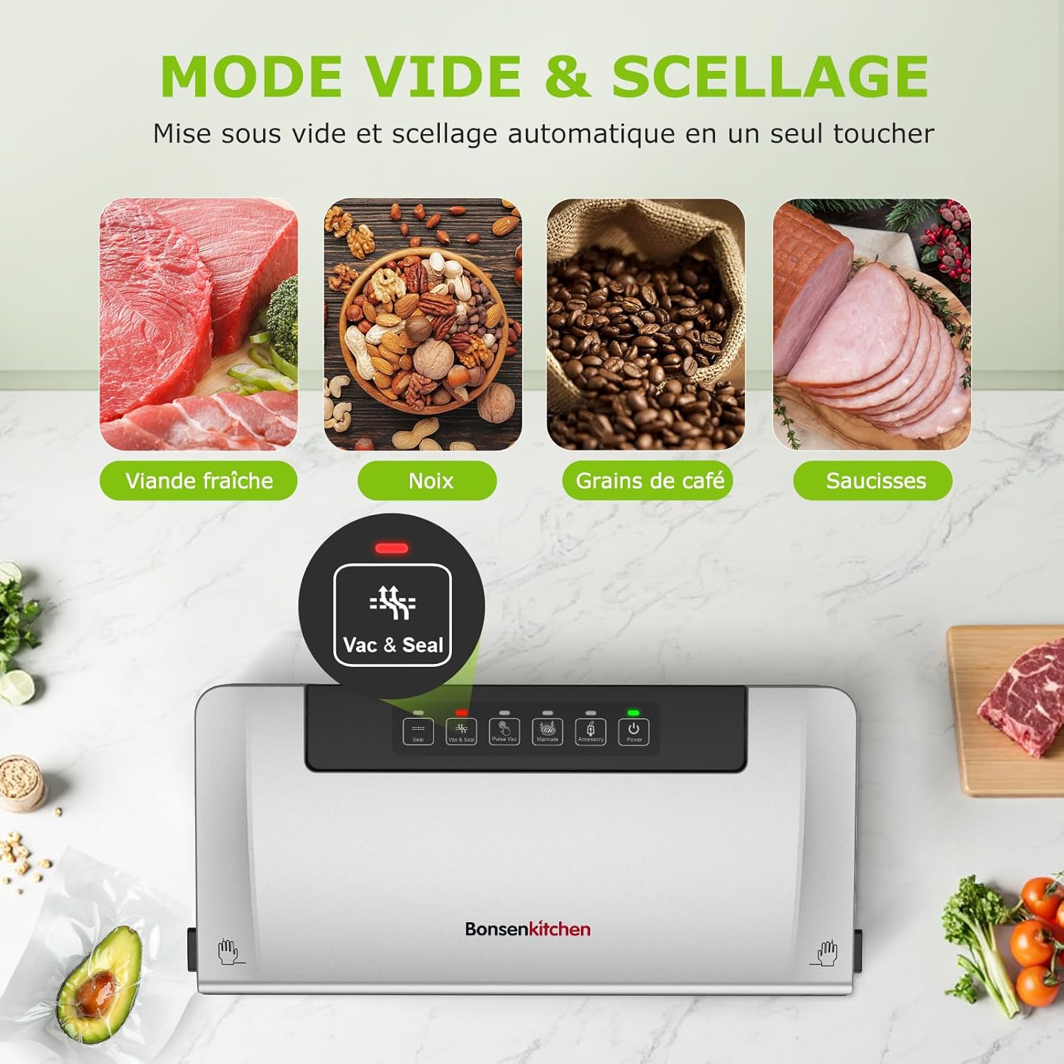 Bonsenkitchen - VS3000 - machine sous vide, 5 modes, cutter, 10 sacs