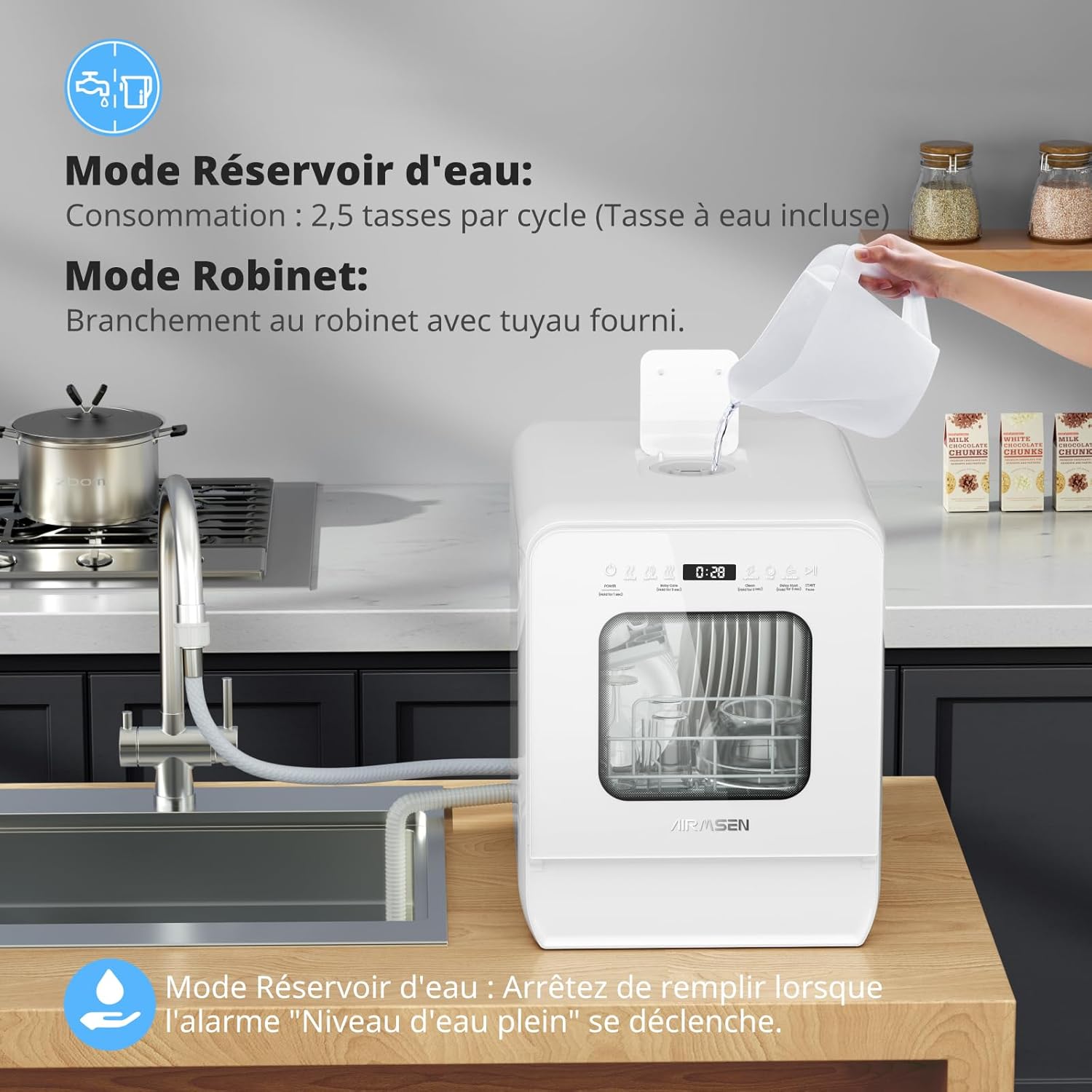 AIRMSEN - Mini lave-vaisselle série Ultra-Étroit - 37x50cm - 4 couverts, 7+2 programmes, départ différé, réservoir 5L