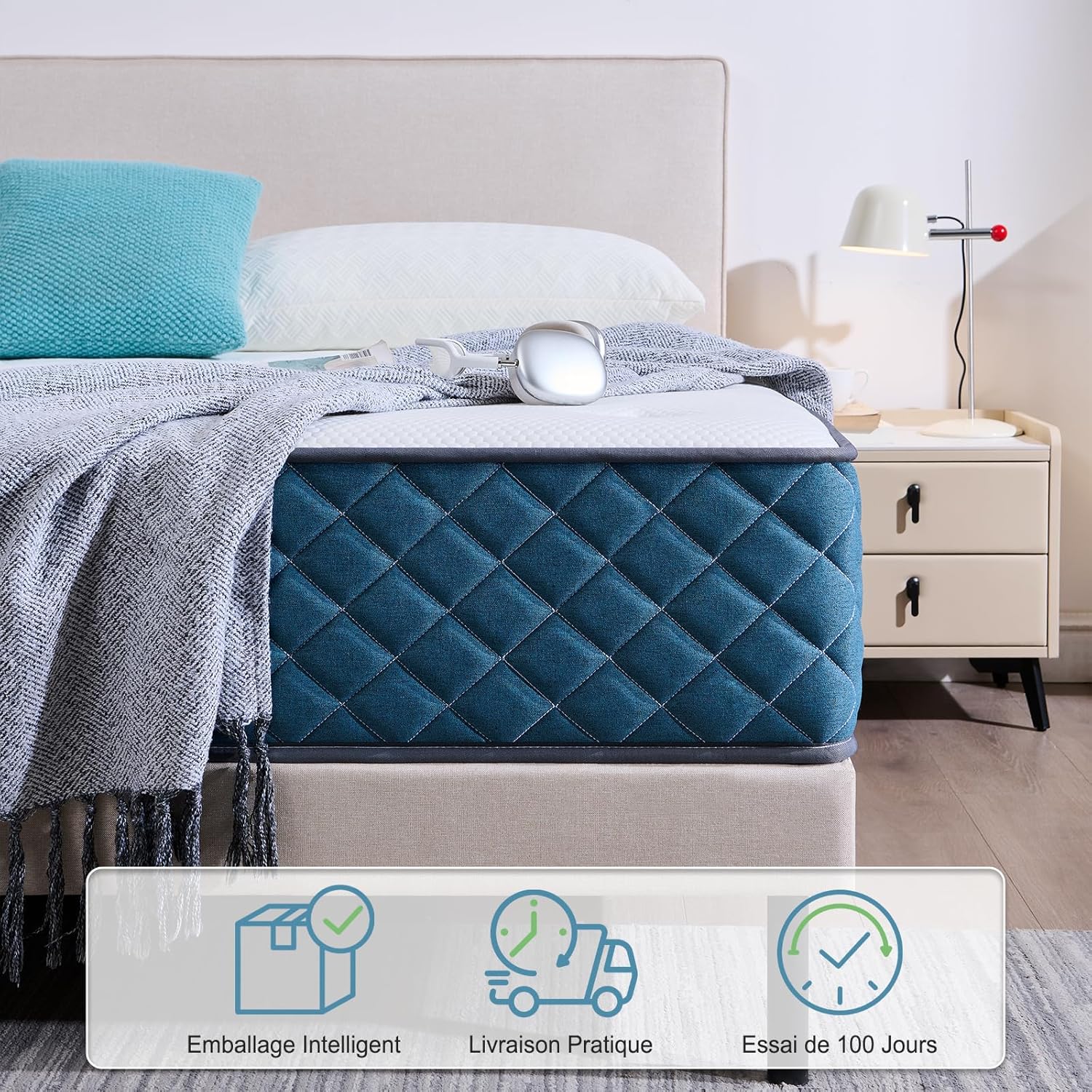 Matelas - ressorts ensachés & mémoire de forme - 160x200x25 cm - soutien moyen, respirant, durable