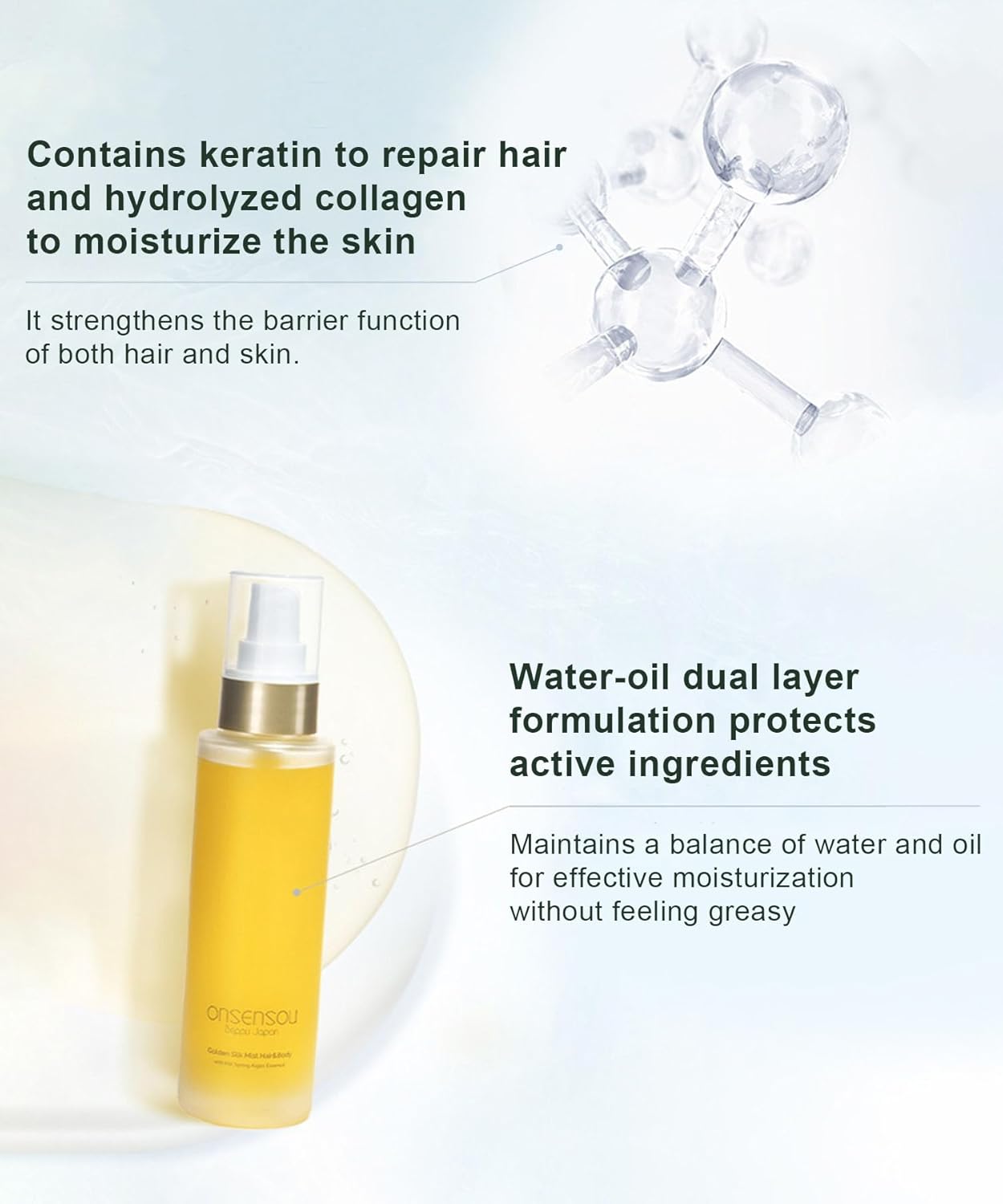 Huile capillaire - Gold Mist 95ml - spray hydratant corps et cheveux - soin cuticules, peau sèche, fabriqué au Japon