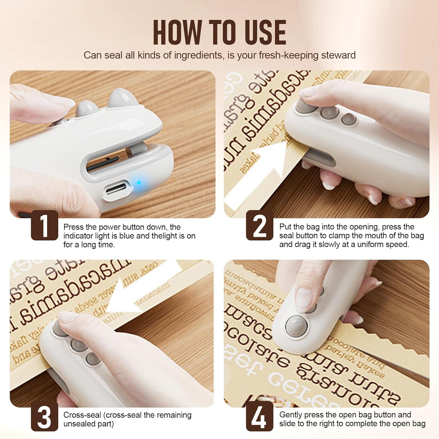 Mini scelleur de sacs portatif 2-en-1, plastique ABS, USB, magnétique