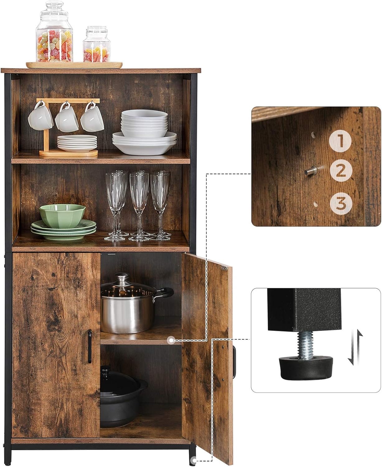 VASAGLE - buffet rangement 2 compartiments, étagères réglables, cadre acier, marron/noir LSC66BX