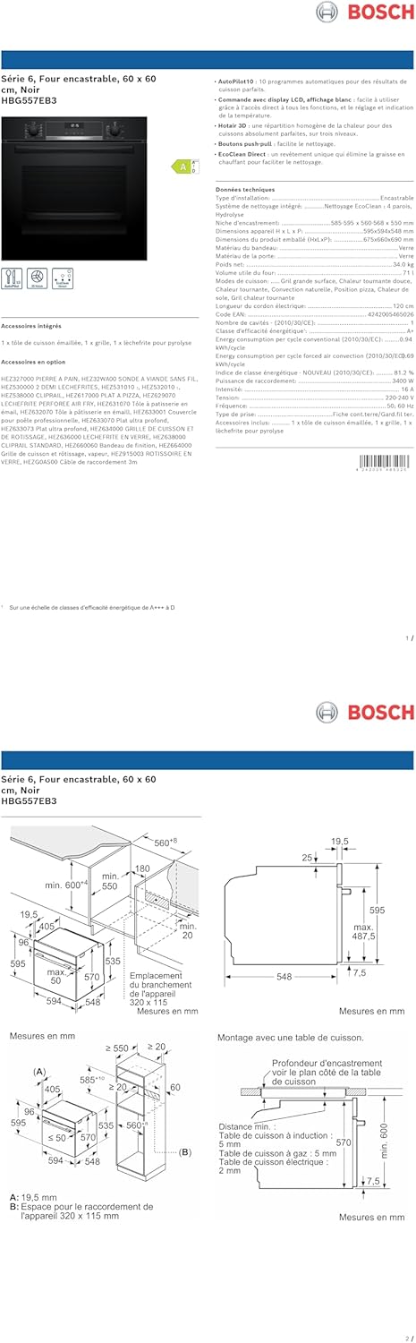 Bosch - HBG557EB3 Série 6 - four encastrable noir, fonctions avancées