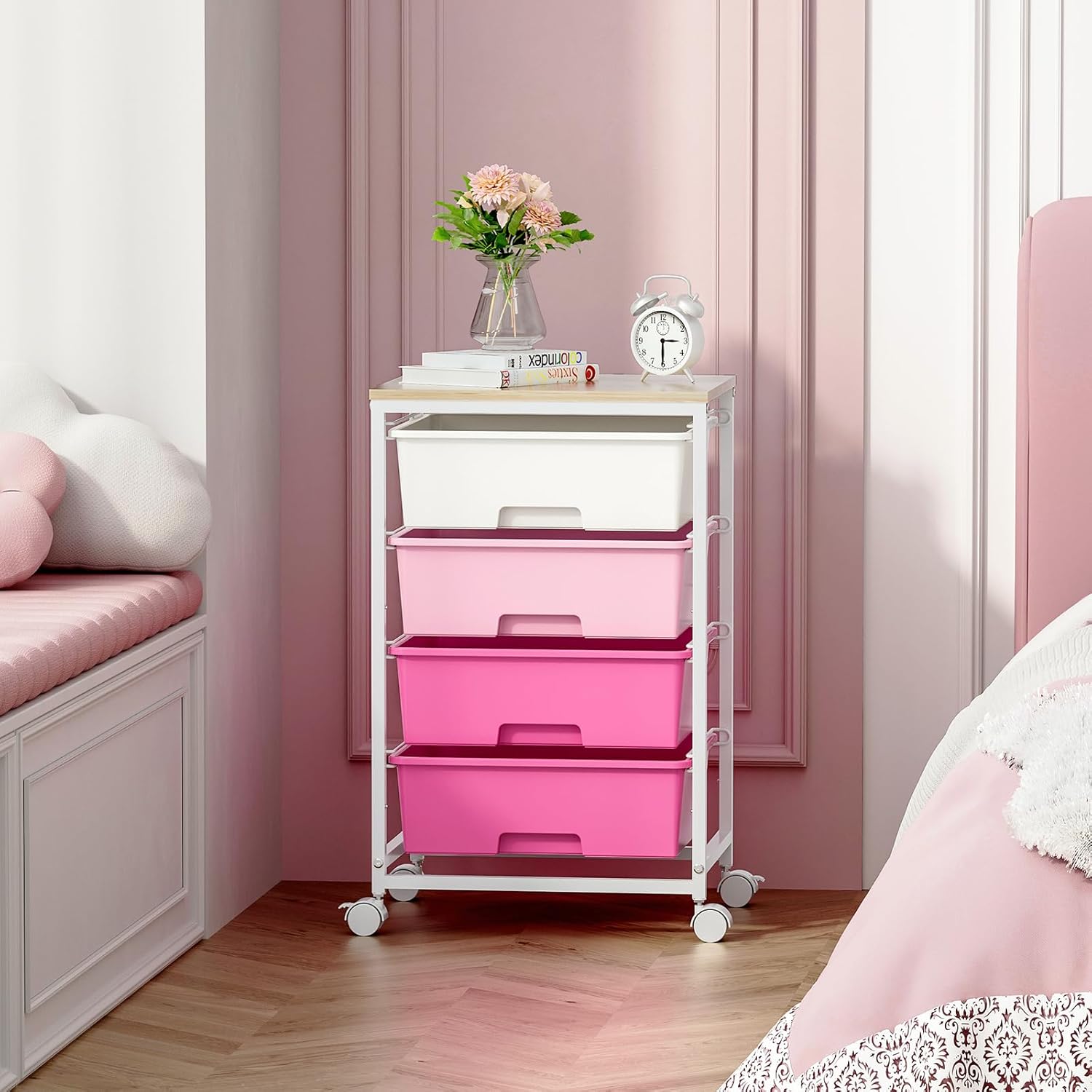 Chariot de rangement 4 tiroirs, plateau bois, roulettes, grande capacité, rose