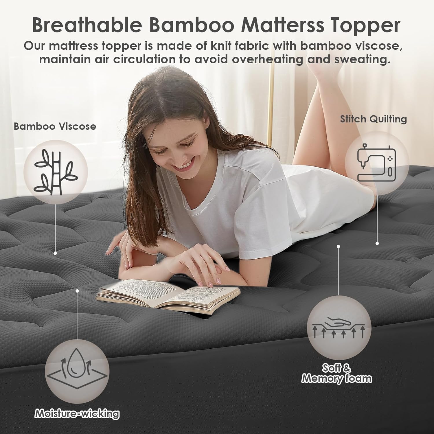 EHEYCIGA - Surmatelas mémoire de forme 160x200 - fibre rafraîchissante, poche profonde, gris foncé