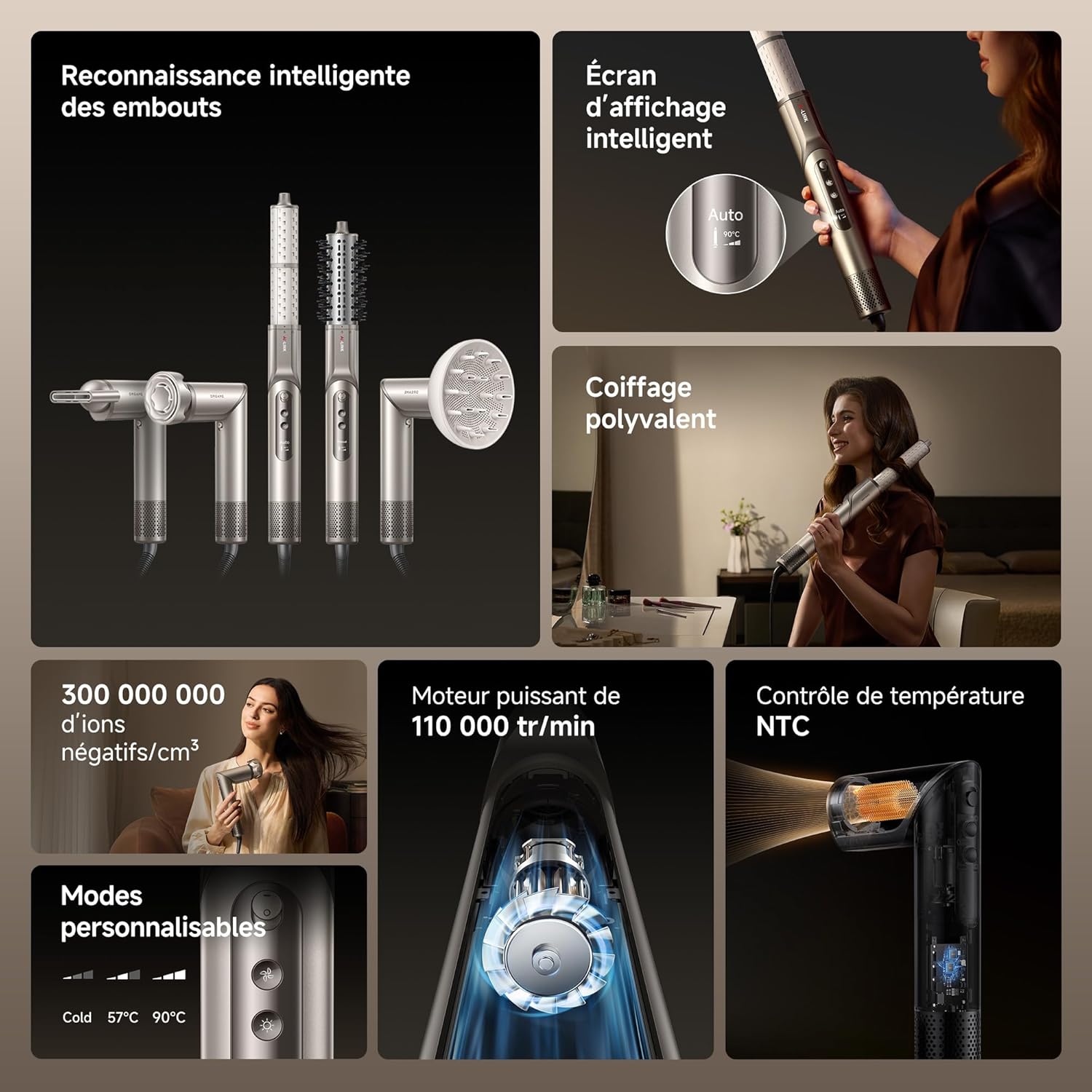 Dreame - Dazzle - sèche-cheveux compact - moteur 110000 tr/min, ions négatifs, 5 embouts