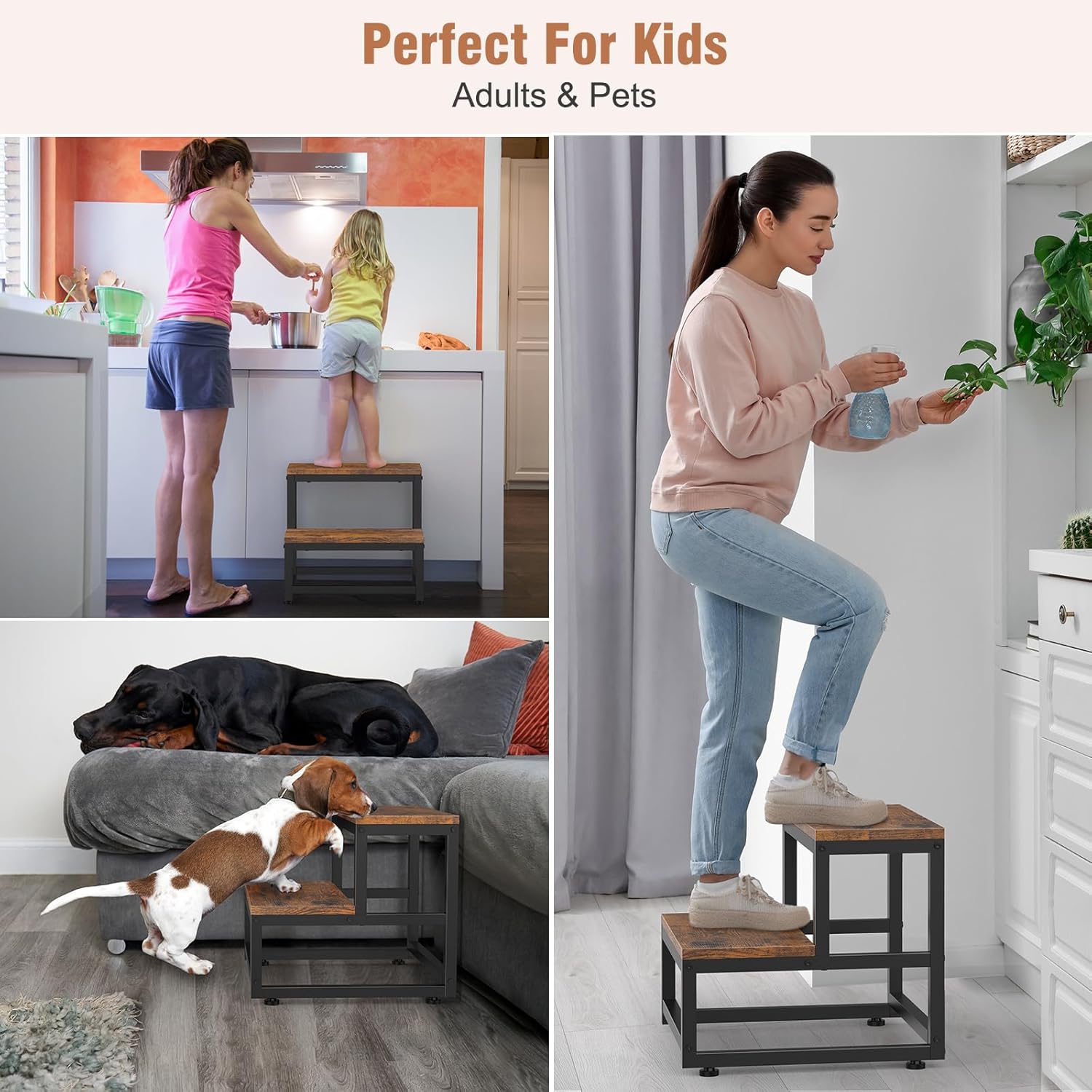 LIANTRAL - marchepied 2 niveaux - acier/bois - charge 200kg, marron/noir