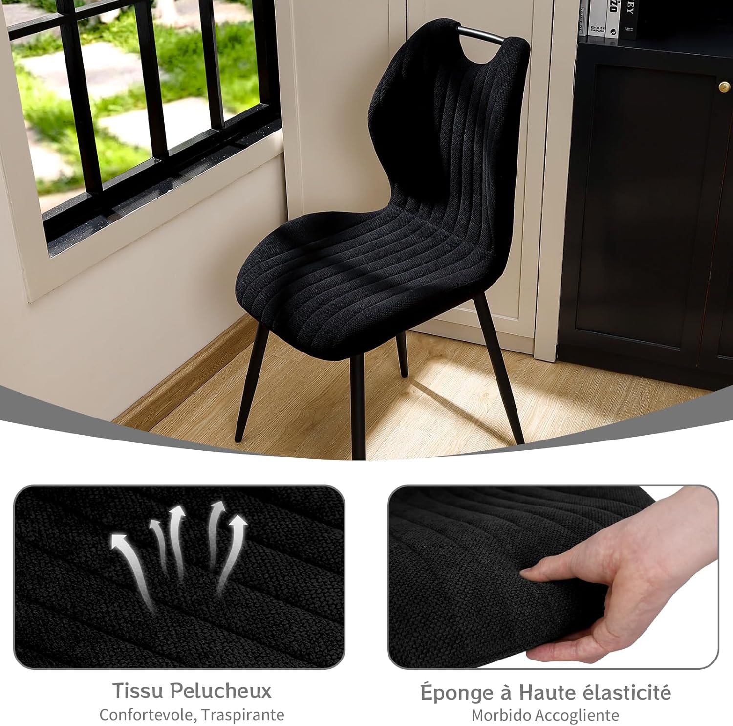 Chaise de salle à manger - tissu noir, pieds métal, lot de 2, dossier confortable