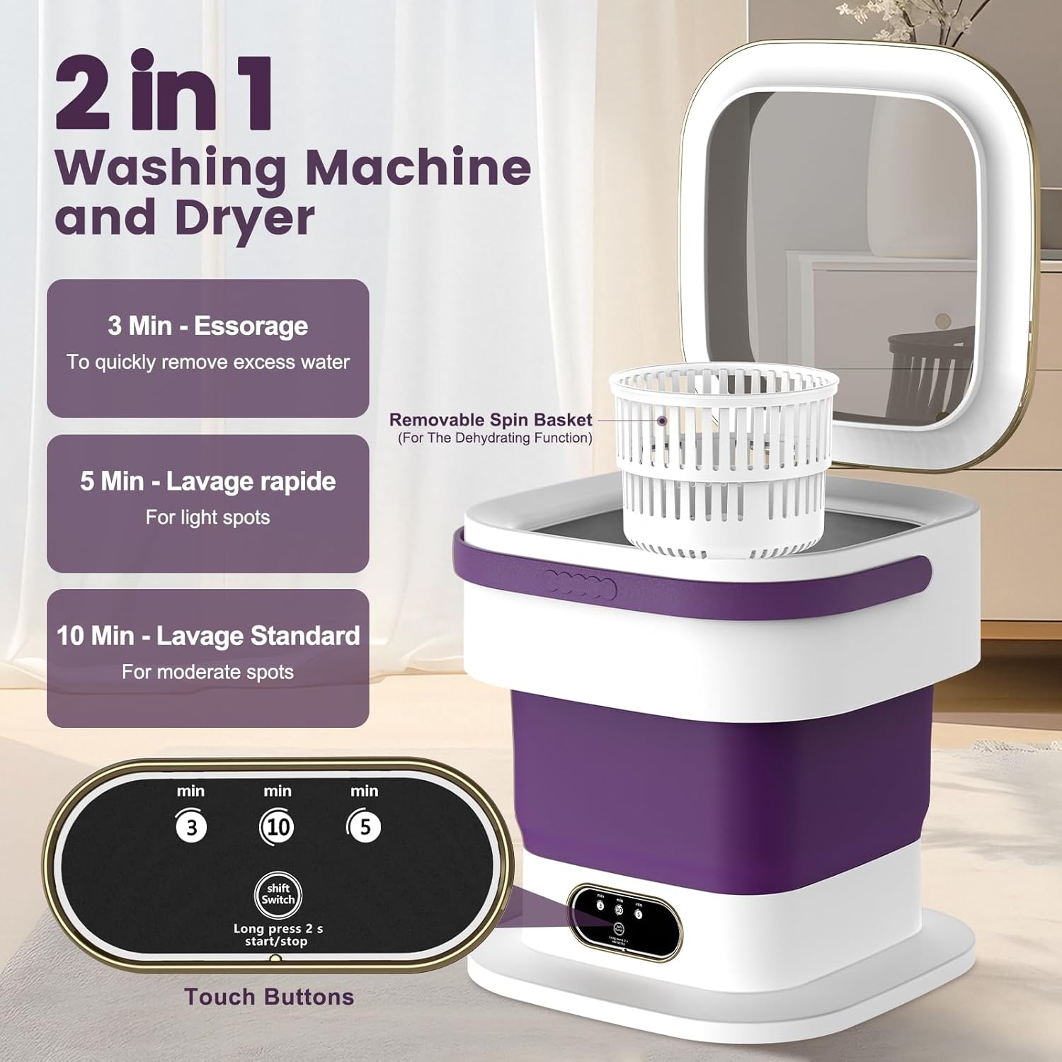 Mini Machine à Laver - 15L portable 2 en 1, essorage, 3 modes, violet