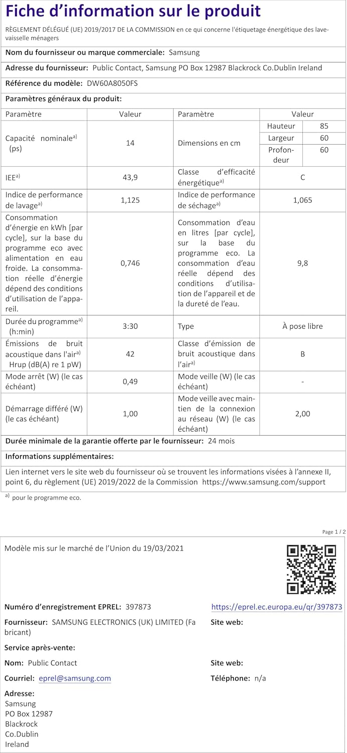 Samsung - Lave-vaisselle 14 couverts Wi-Fi inox, série 8000, DW60A8050FS/EF