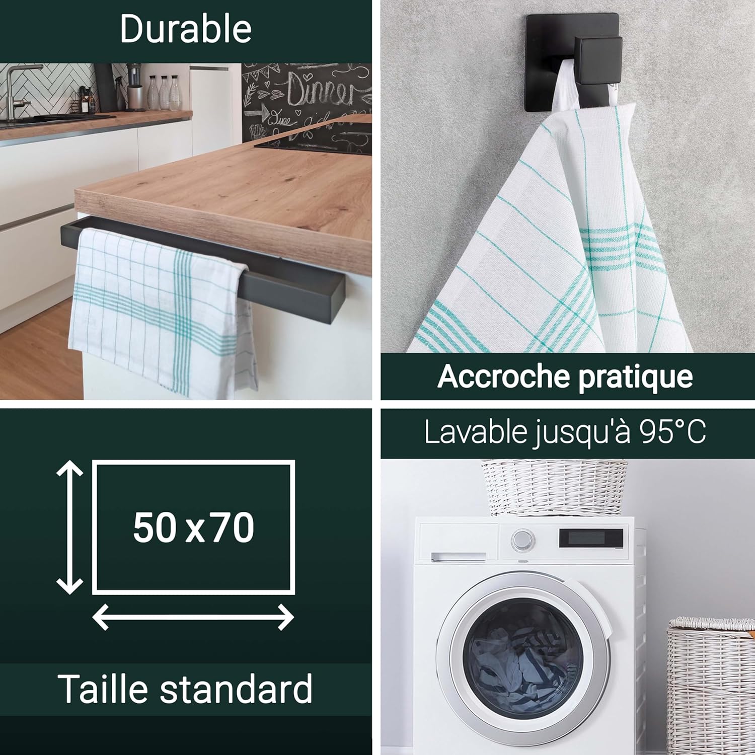 ZOLLNER - Set de 10 torchons, coton, 50x70 cm, turquoise à carreaux