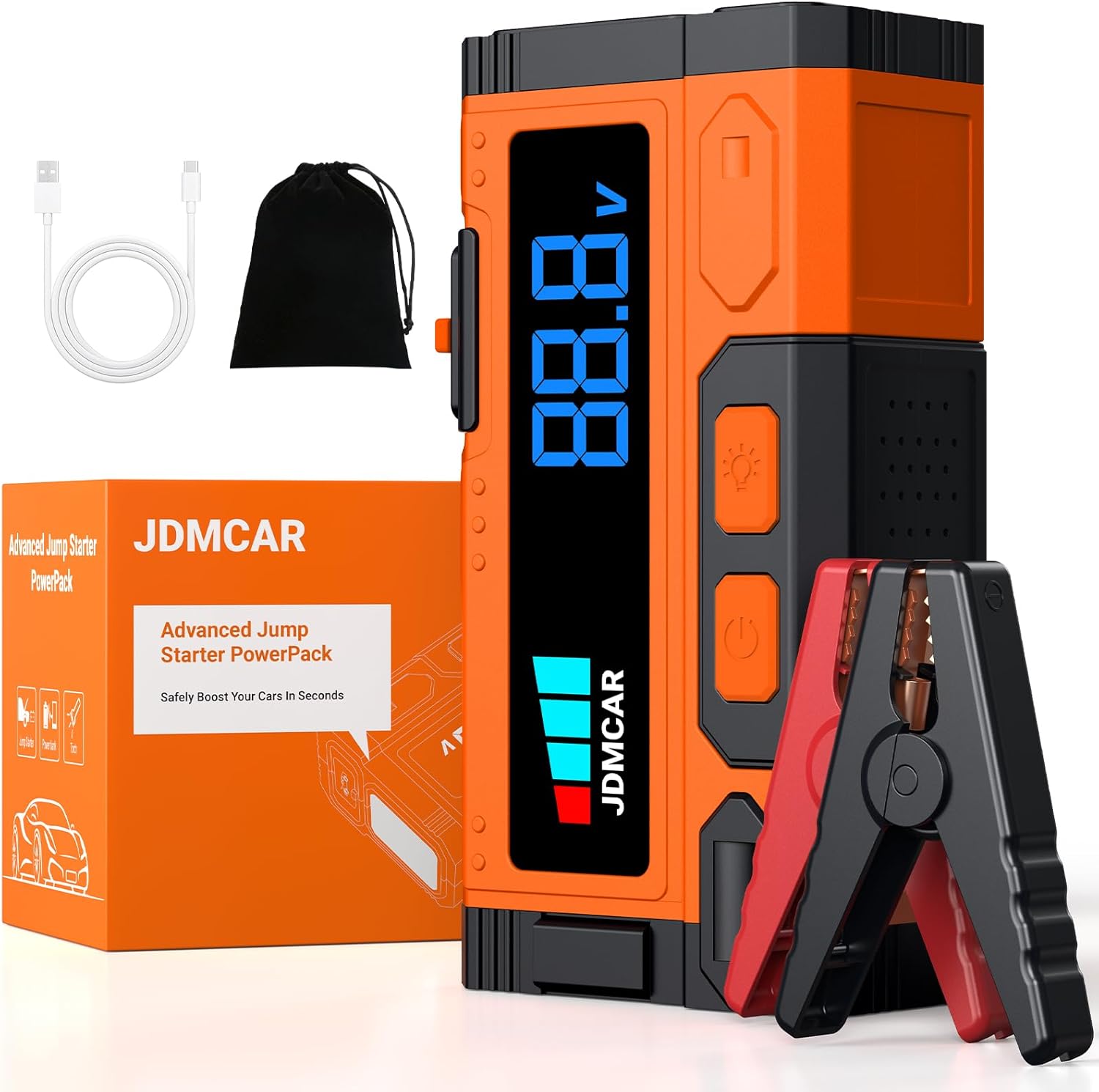JDMCAR - Booster batterie série 8000A - 14.8V - 9L essence/8.5L diesel, pinces intelligentes, LED, protections multiples