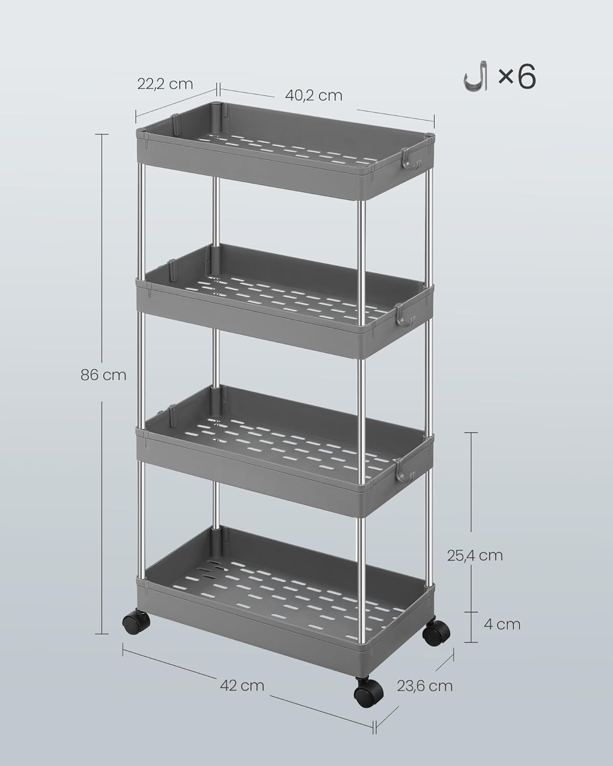SONGMICS - chariot cuisine 4 niveaux - 23,6x42x86cm - acier, 6 crochets KSC010G01