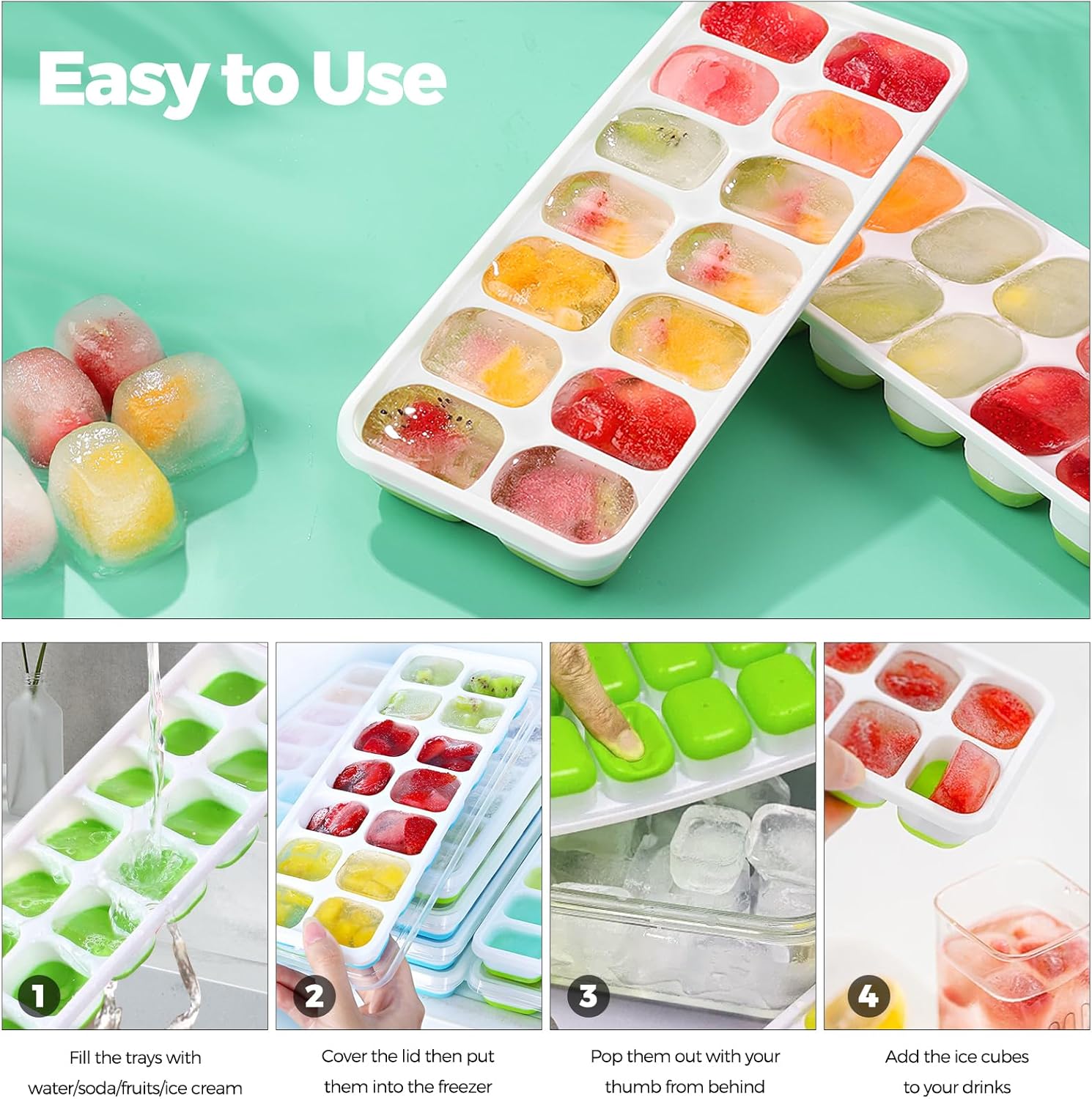 Bacs à glaçons silicone - 4 pièces - 4 couleurs - sans BPA, couvercle, LFGB