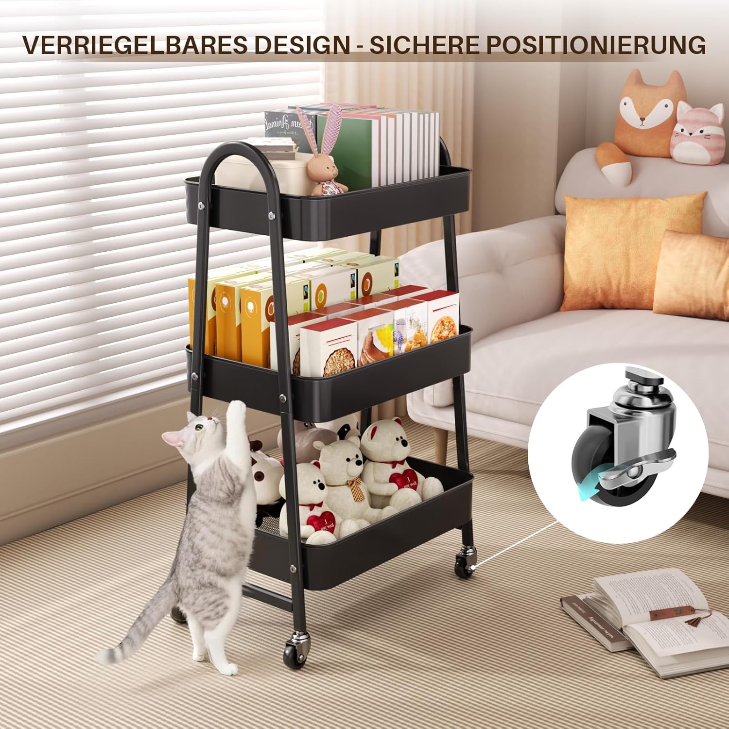 Chariot de cuisine 3 niveaux - noir - roulettes verrouillables, rangement multi-usages