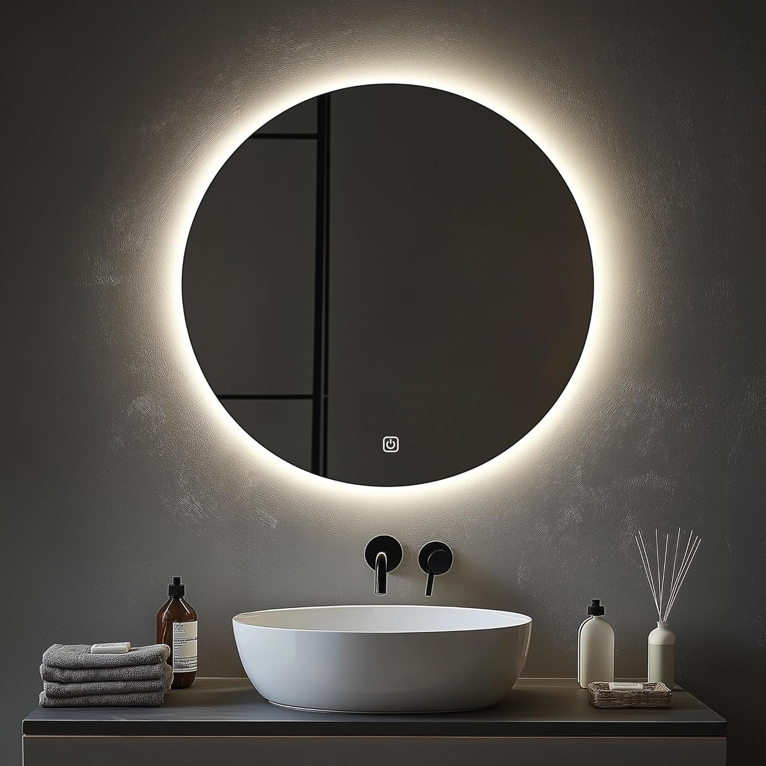 Miroir salle de bain - rond 80 cm - LED, 3 couleurs, tactile, dimmable