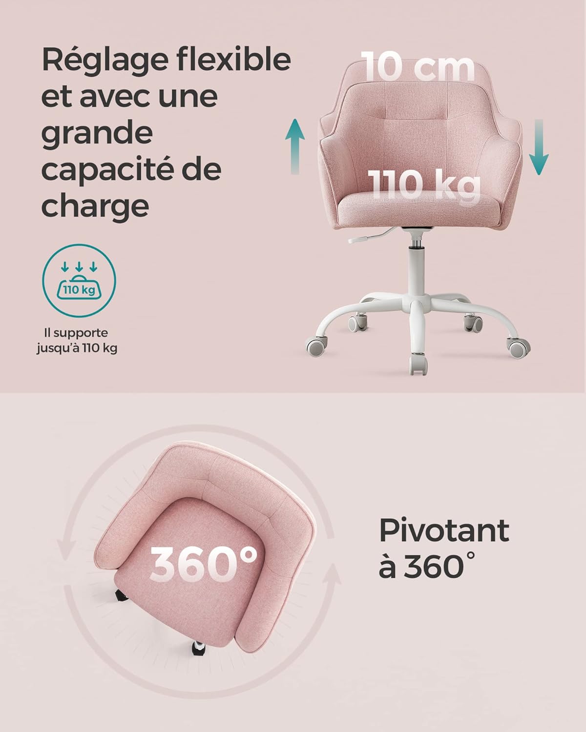 SONGMICS - fauteuil ergonomique - réglable, tissu coton-lin, 110 kg - OBG019P01