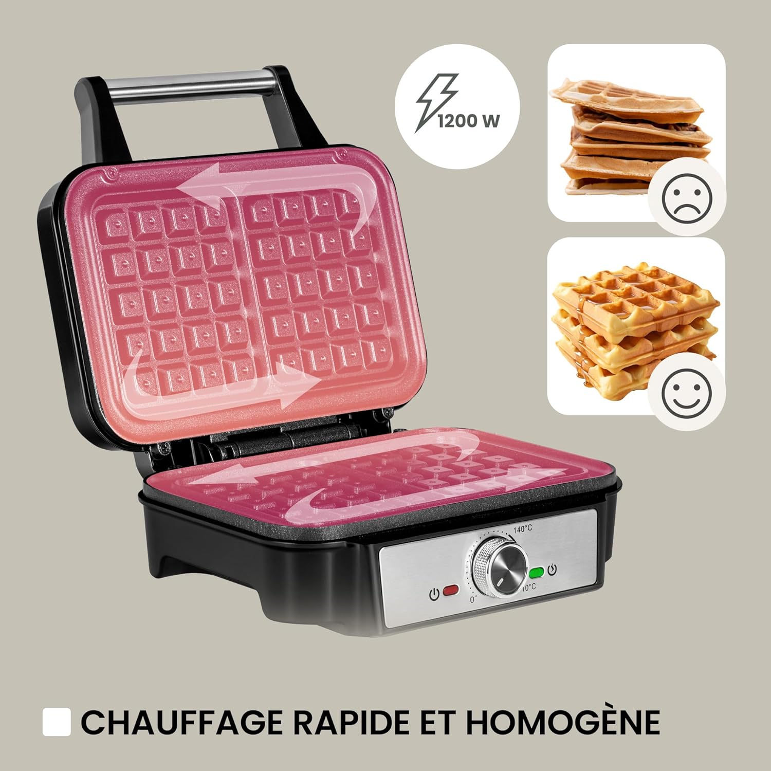 ZEEGMA - Gofree Chef - gaufrier 1200W, plaques antiadhésives, température réglable, indicateur cuisson, gaufres épaisses