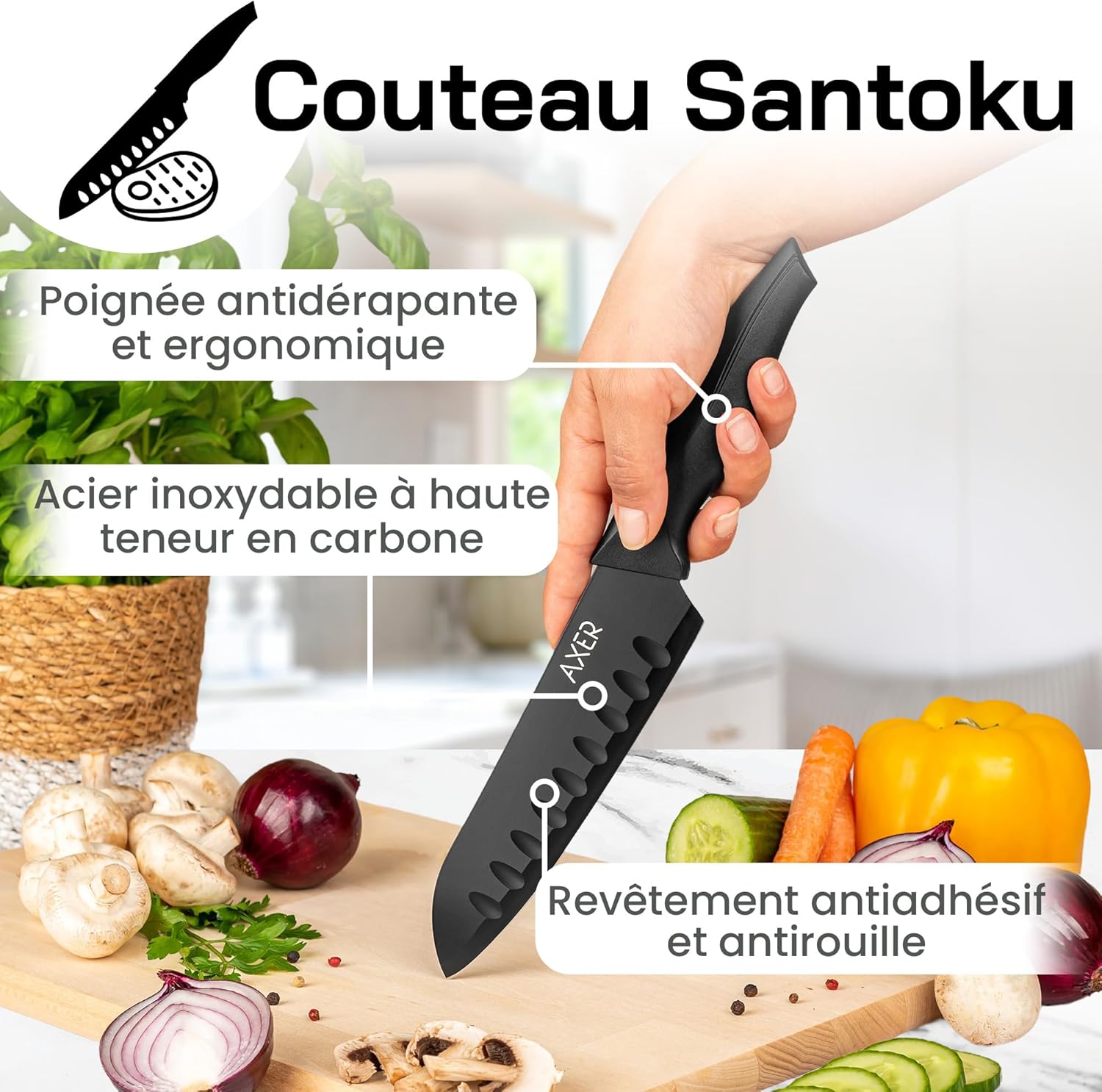 Axer - Couteau Santoku série cuisine japonaise - 18 cm lame acier, manche ergonomique