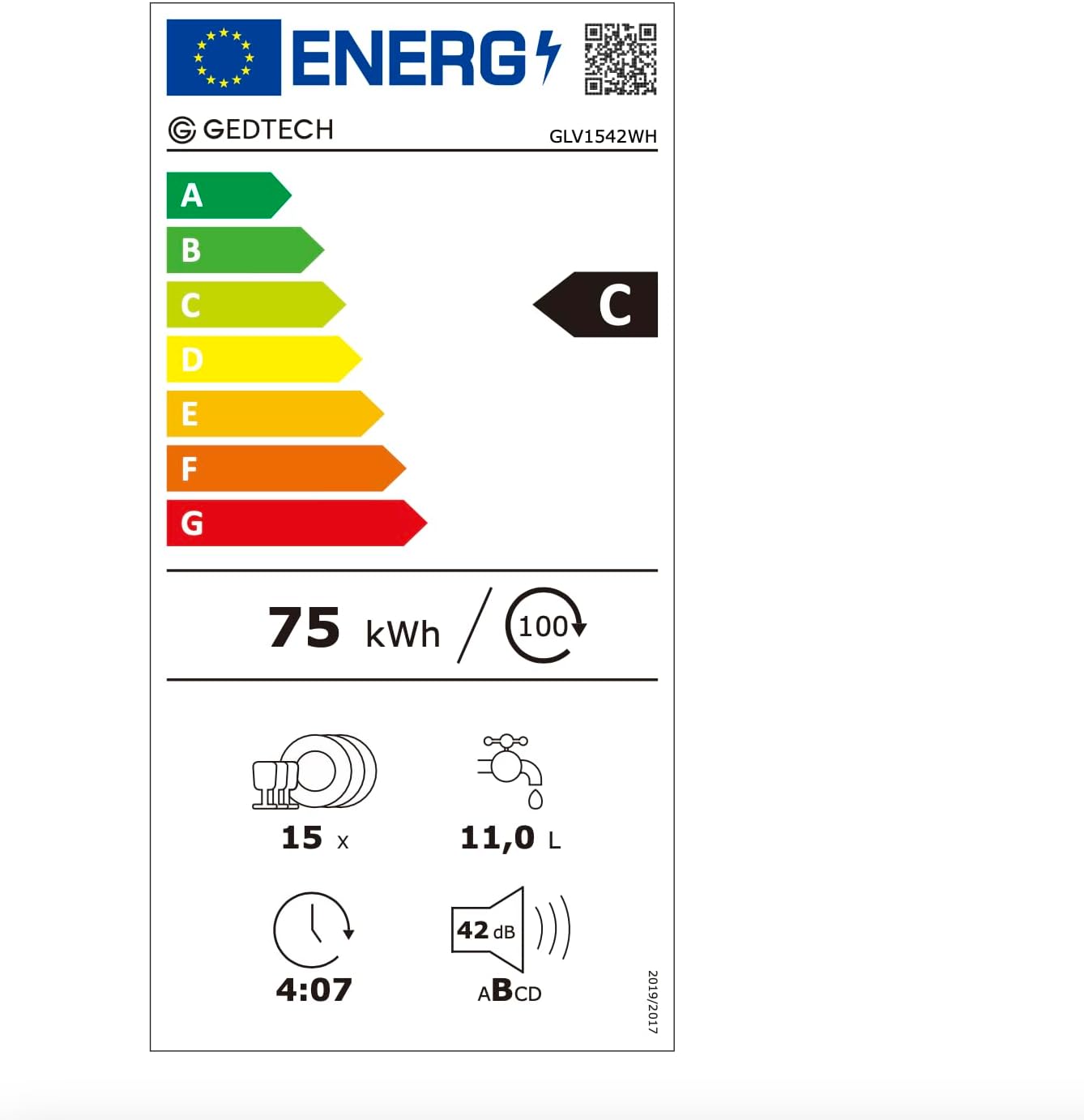 GEDTECH - lave-vaisselle 15 cv, 42 dB, départ différé, eco, blanc, GLV1542WH