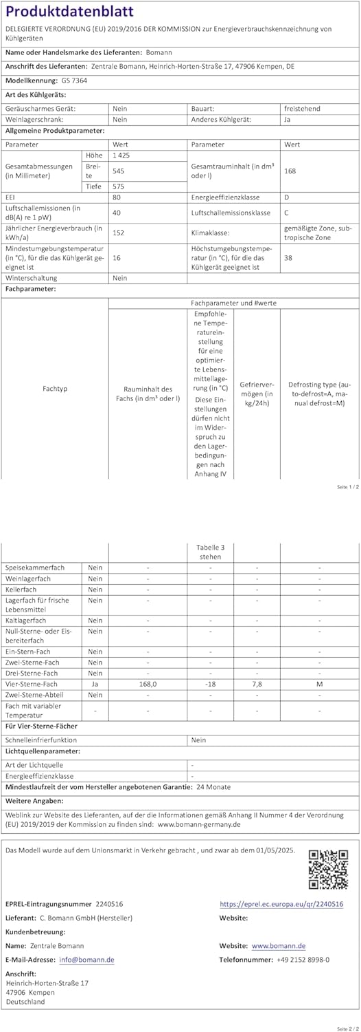 Bomann - congélateur série GS - 143 cm, 168L, silencieux, -18°C, GS 7364
