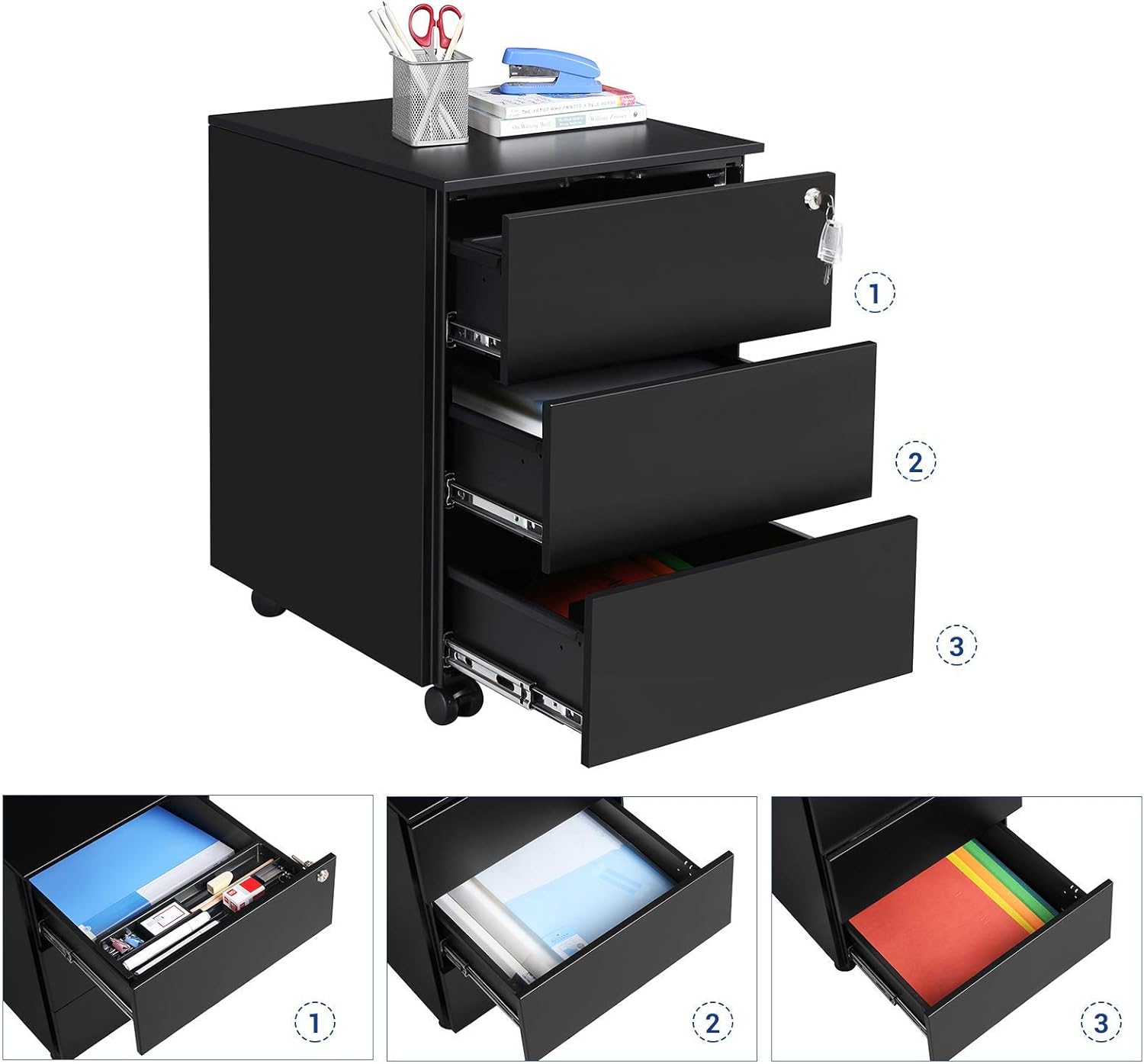 SONGMICS - caisson de bureau à roulettes 45x39x54 cm, 3 tiroirs, verrouillable, métallique, prémonté, OFC63BK