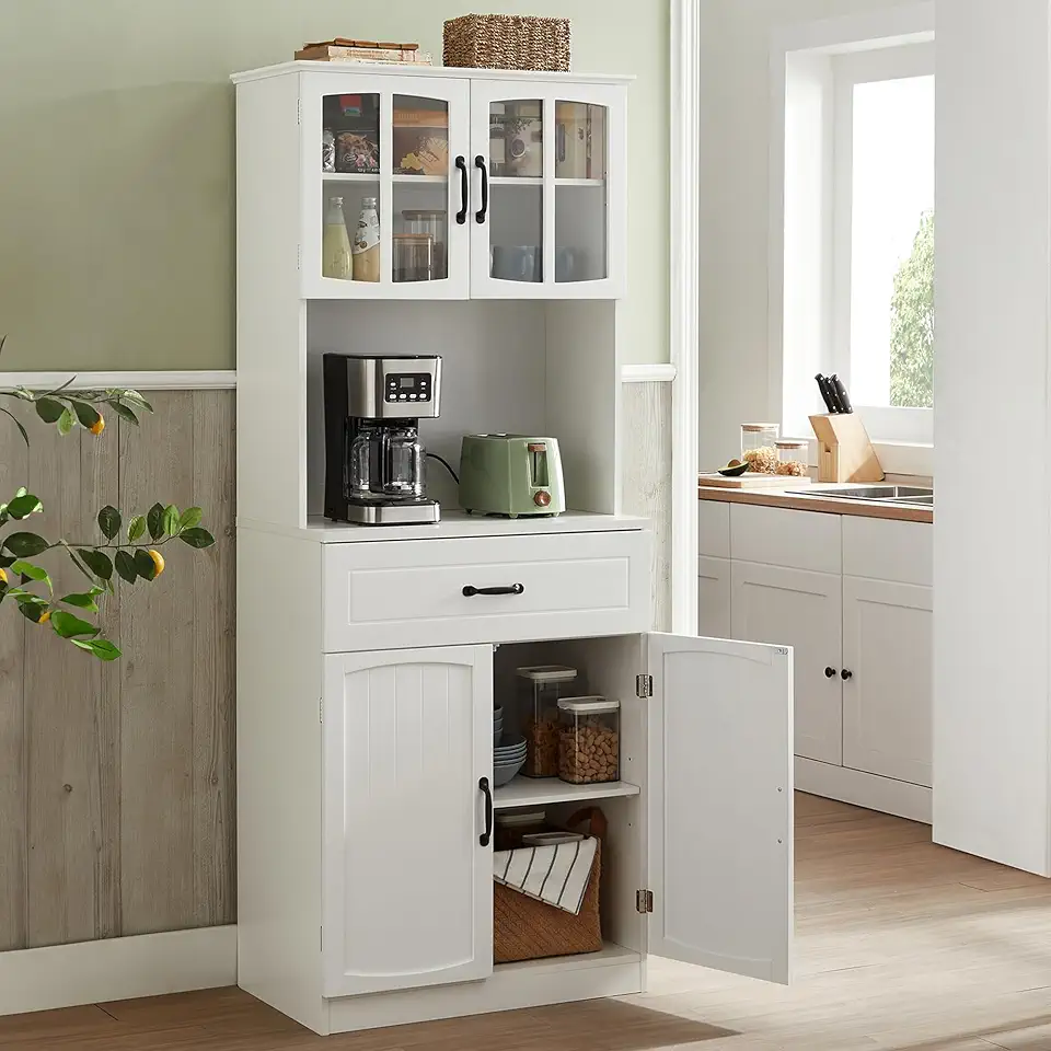 VASAGLE - buffet haut moderne, portes vitrées, étagères réglables, passage câbles, blanc, LSC361W21