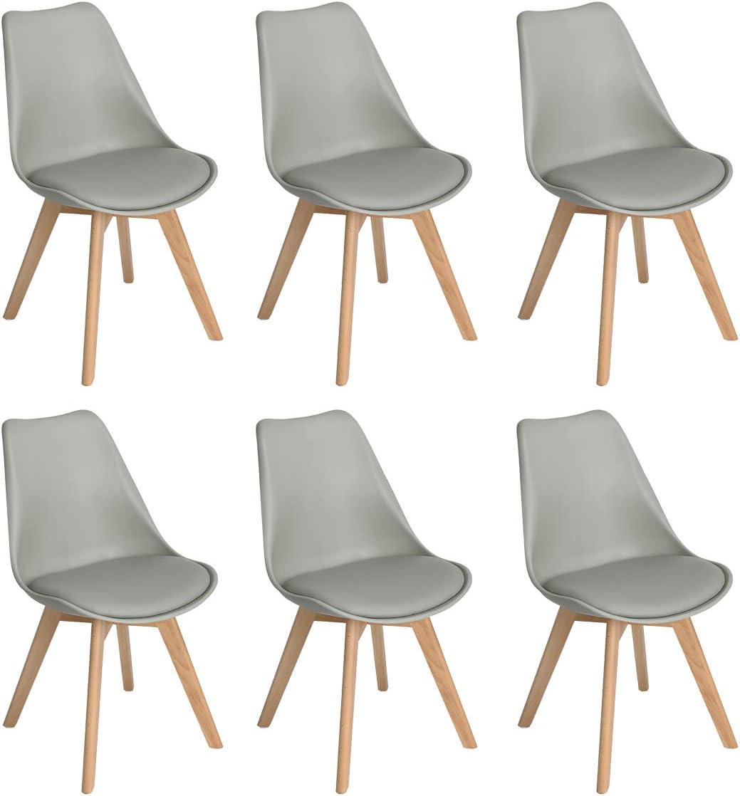 EGGREE - Chaises Scandinaves Lot de 6 - design moderne, bois hêtre, rembourrées, gris, parfait salle à manger