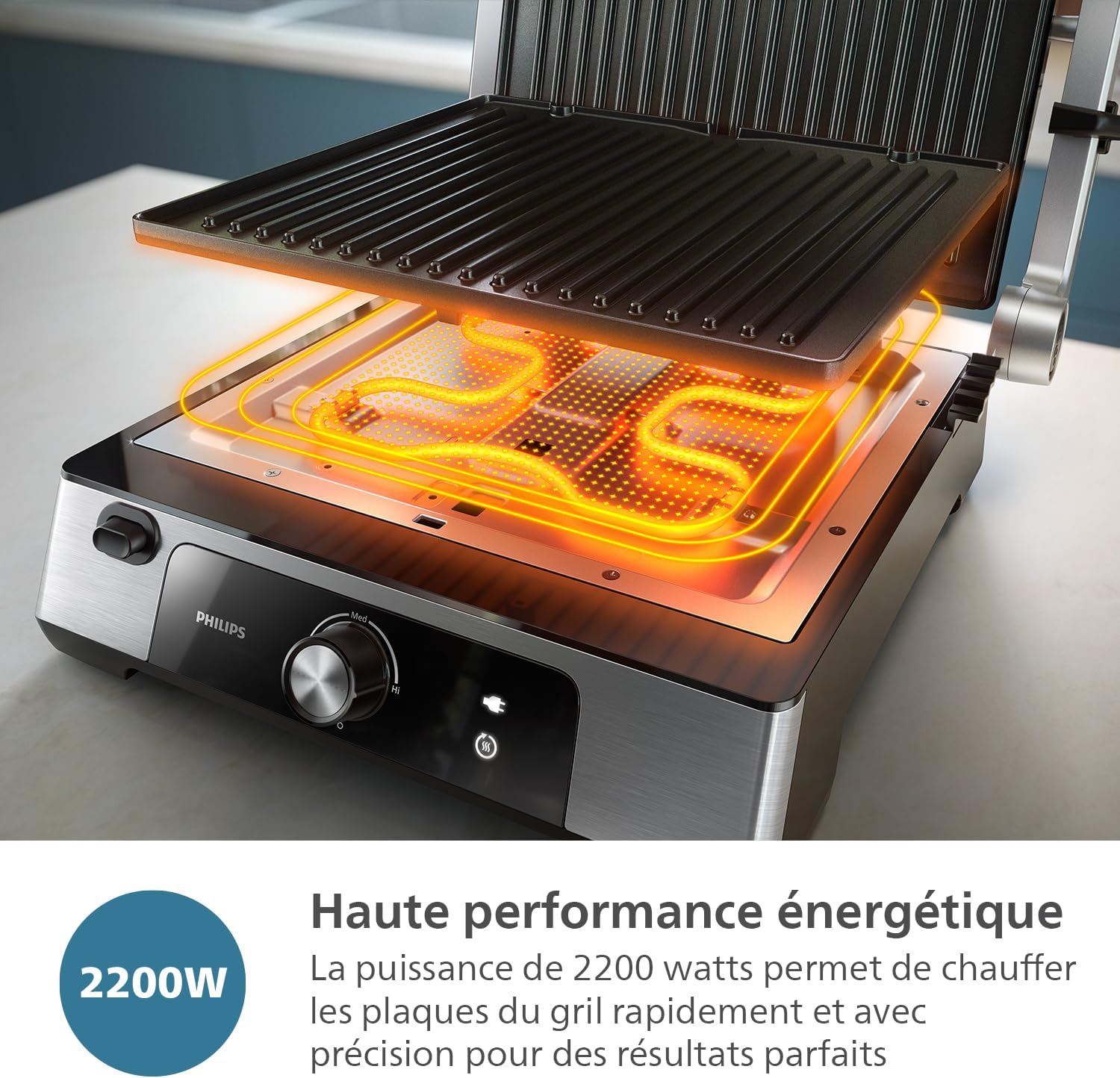 Philips - Grill de contact - surface XL, température réglable, plaques amovibles, HD6301/90