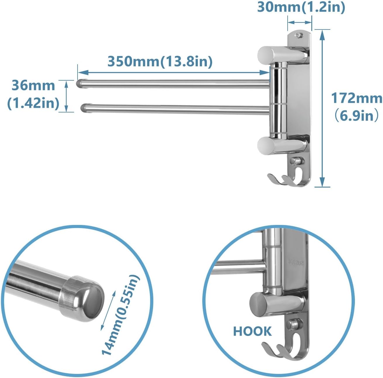 JSVER - porte-serviette double pivotant inox 180° - gain de place - argent