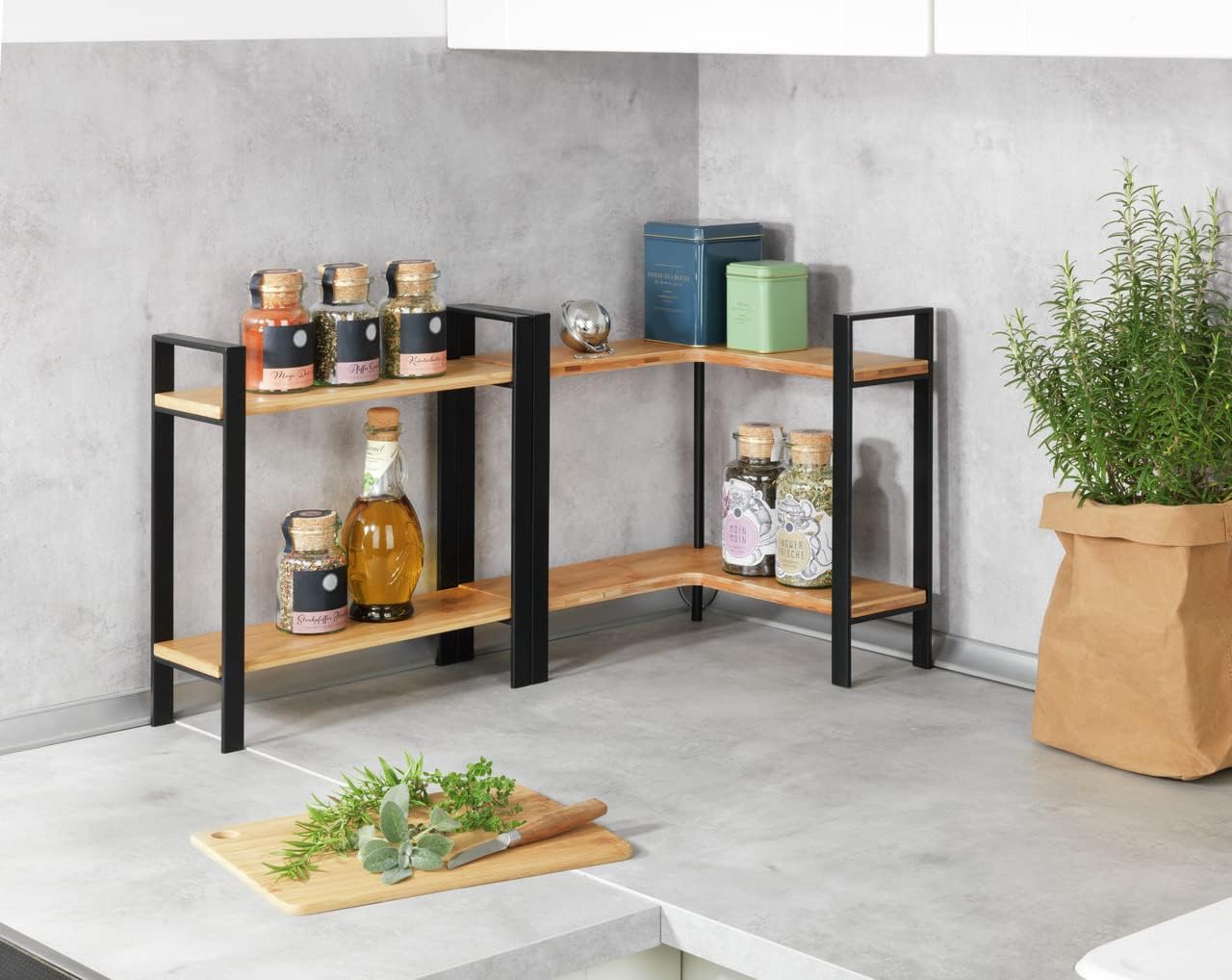 WENKO - étagère d’angle Lou - 30x33x30 cm - 2 niveaux bambou et métal