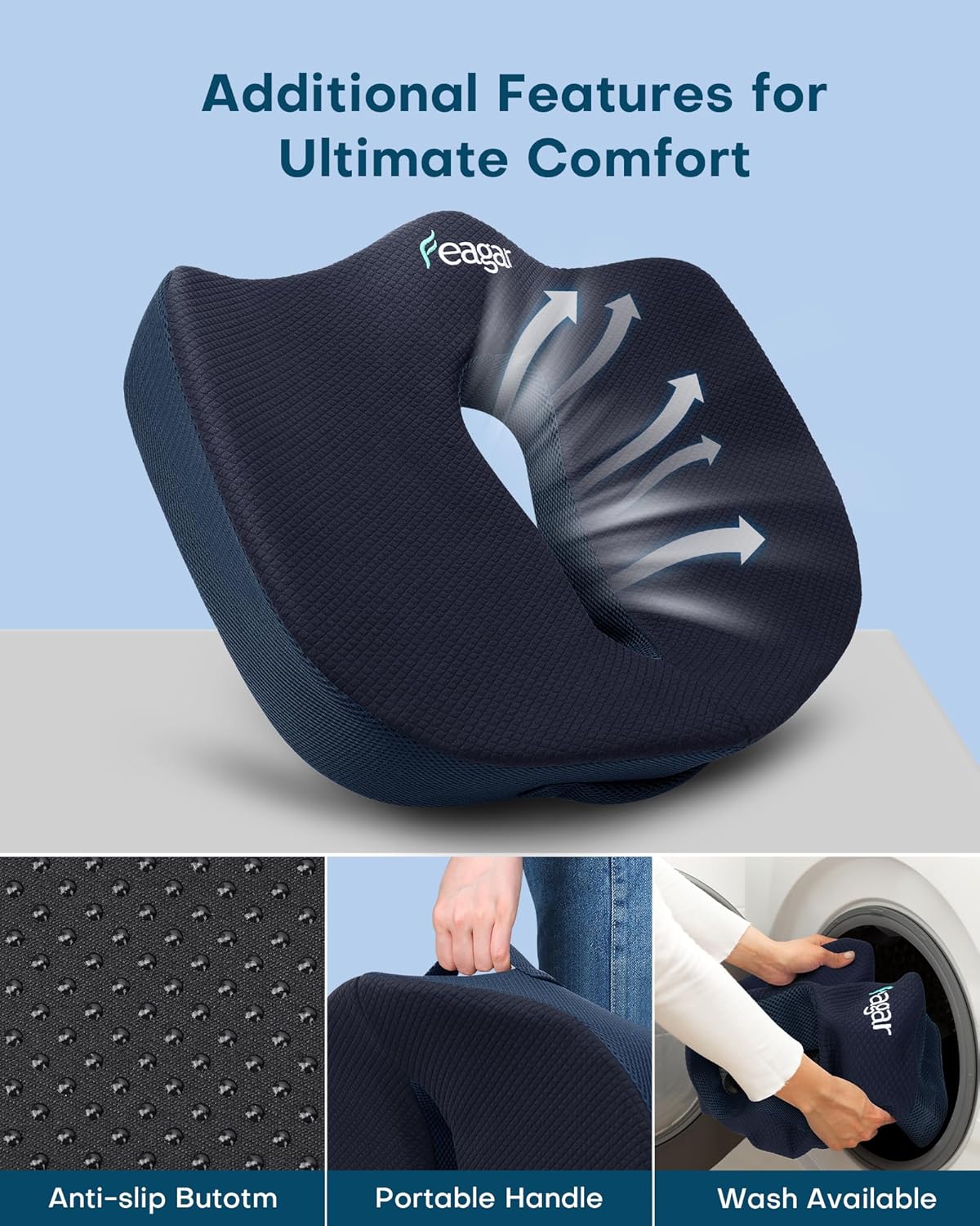 Feagar - Coussin chaise Extra Large - ergonomique, mousse mémoire, orthopédique, coccyx, siège voiture
