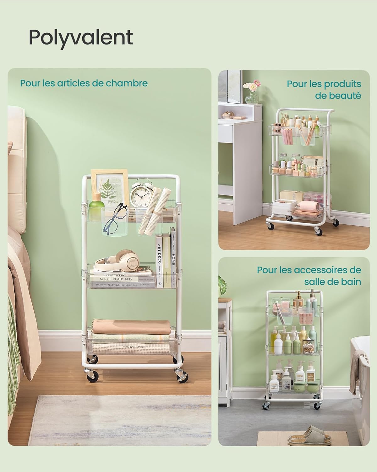 SONGMICS - desserte 3 niveaux, poignée, roulettes, 2 pots, 2 freins, BSC067W03