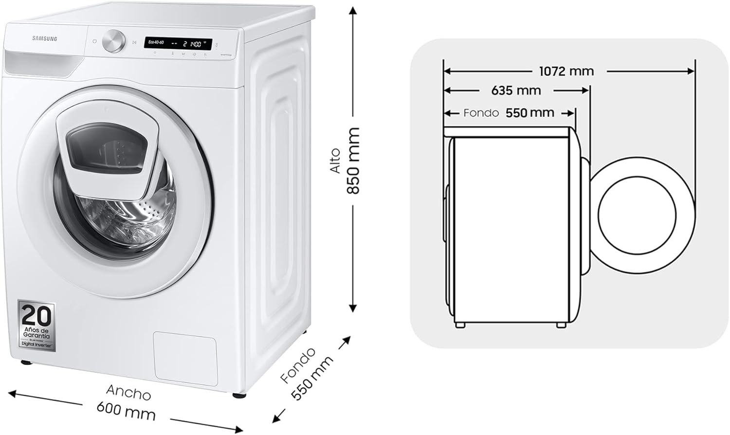 Samsung - Lave-linge Série 5, 9 kg, EcoBubble, AI, classe A - WW90T554DTW/S3