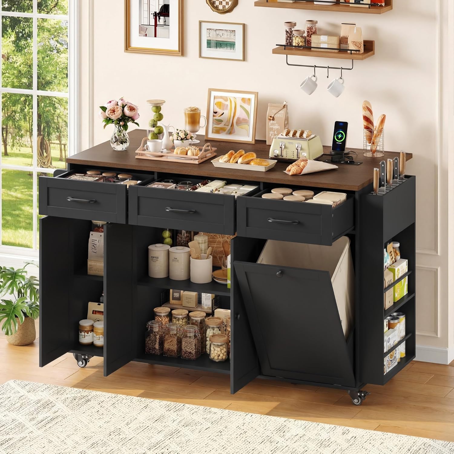 FirFurd - Ilot cuisine pliable sur roulettes, 135x60x88cm, USB et rangement