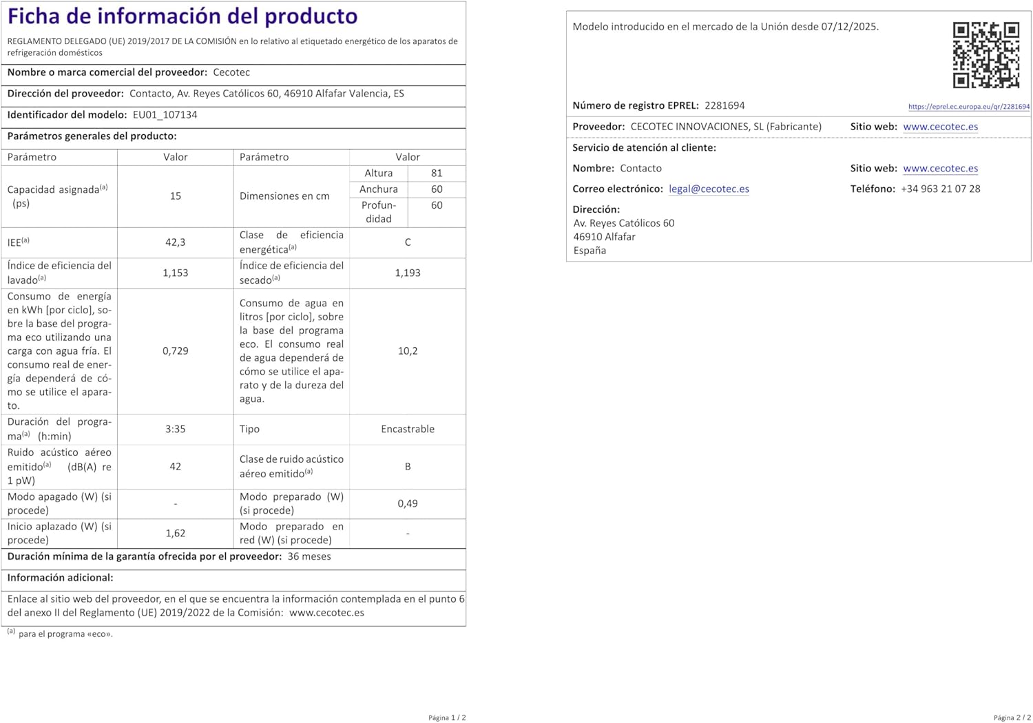 Cecotec - Bolero Aguazero (6620 Full-BI) - 60cm - 15 couverts, 8 programmes, écran FullColor, moteur Inverter, Turbo Dry